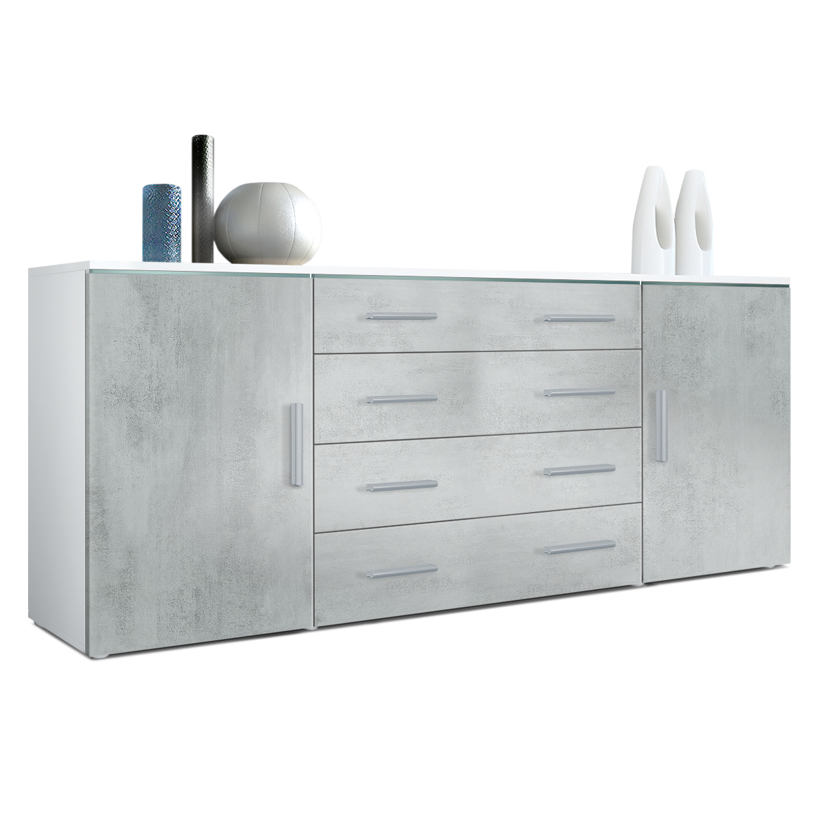 Sideboard Faro V2 mit 2 Türen und 4 Schubladen Weiß matt/Beton Oxid Optik (166 x 72 x 35)