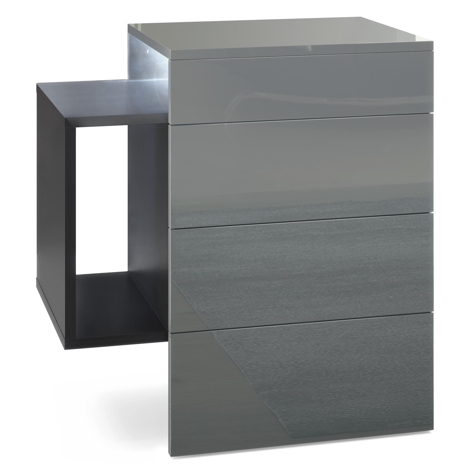Nachttisch Queens und 1 seitlichem Fach zur Wandmontage Schwarz matt/Grau Hochglanz inkl. LED-Unterbaustrahler (60x63x36 cm)