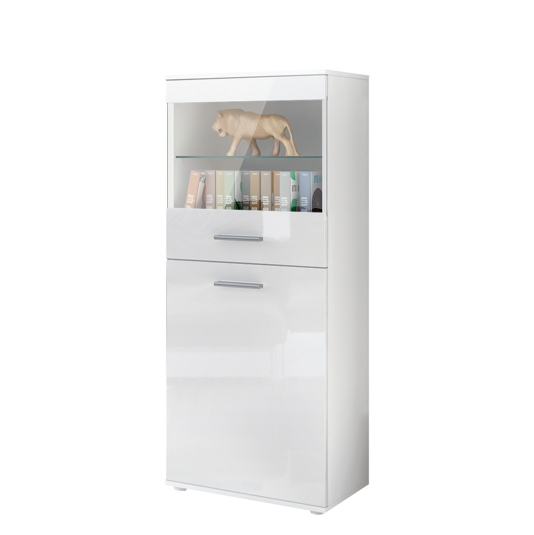 Vitrine Almada mit 2 Türen, 4 Fächern und 1 Glaseinsatz Weiß matt/Weiß Hochglanz (53 x 125 x 30 cm)