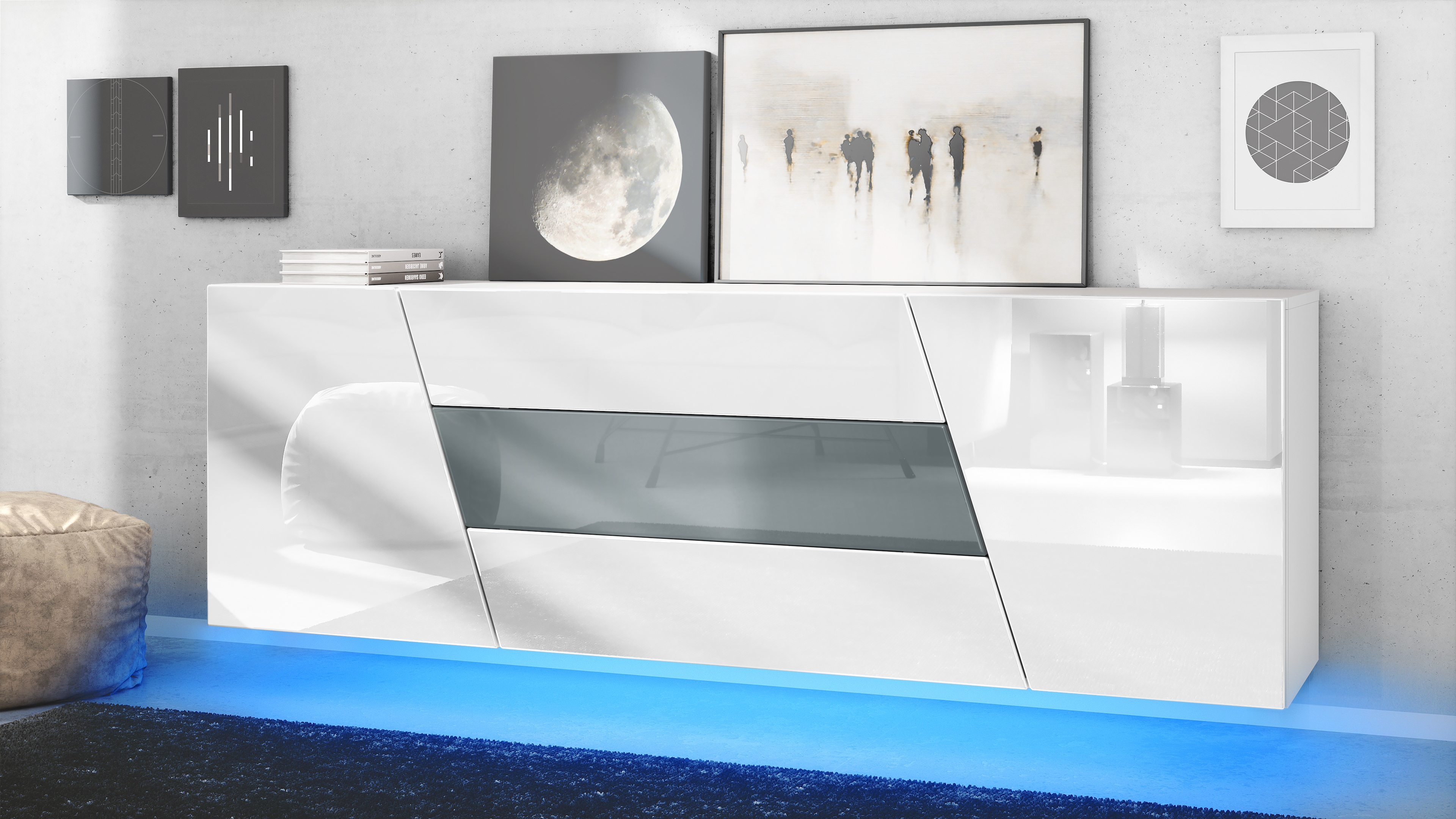 Houston Sideboard hängend mit 2 Türen und 3 Schubladen inkl. LED-Beleuchtung Weiß matt/Weiß Hochglanz/Grau Hochglanz (178 x 57,5 x 38,5 cm)