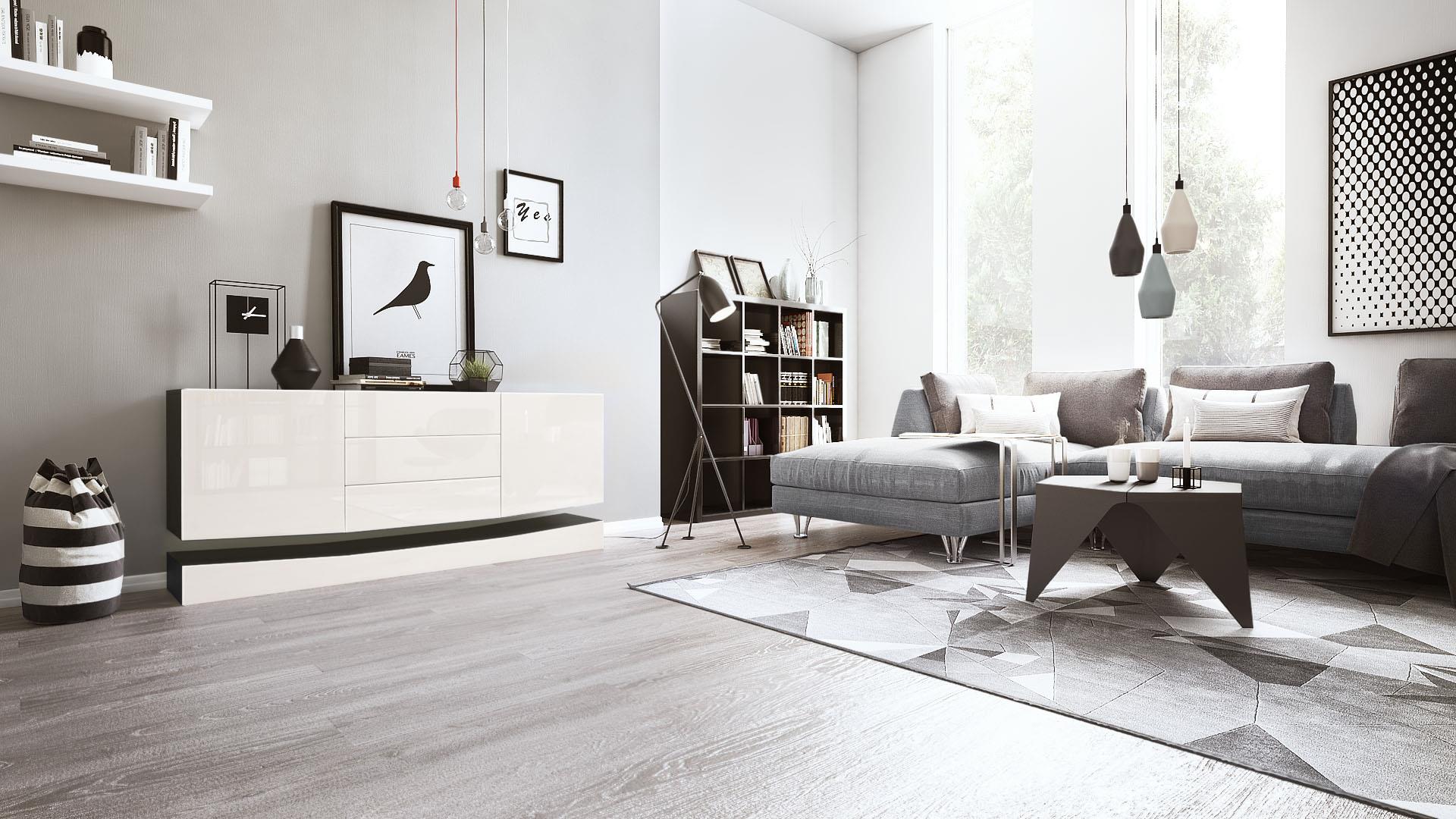 Sideboard City  mit 2 Türen und 3 Schubladen Schwarz matt/Creme Hochglanz (178 x 72 x 38 cm)