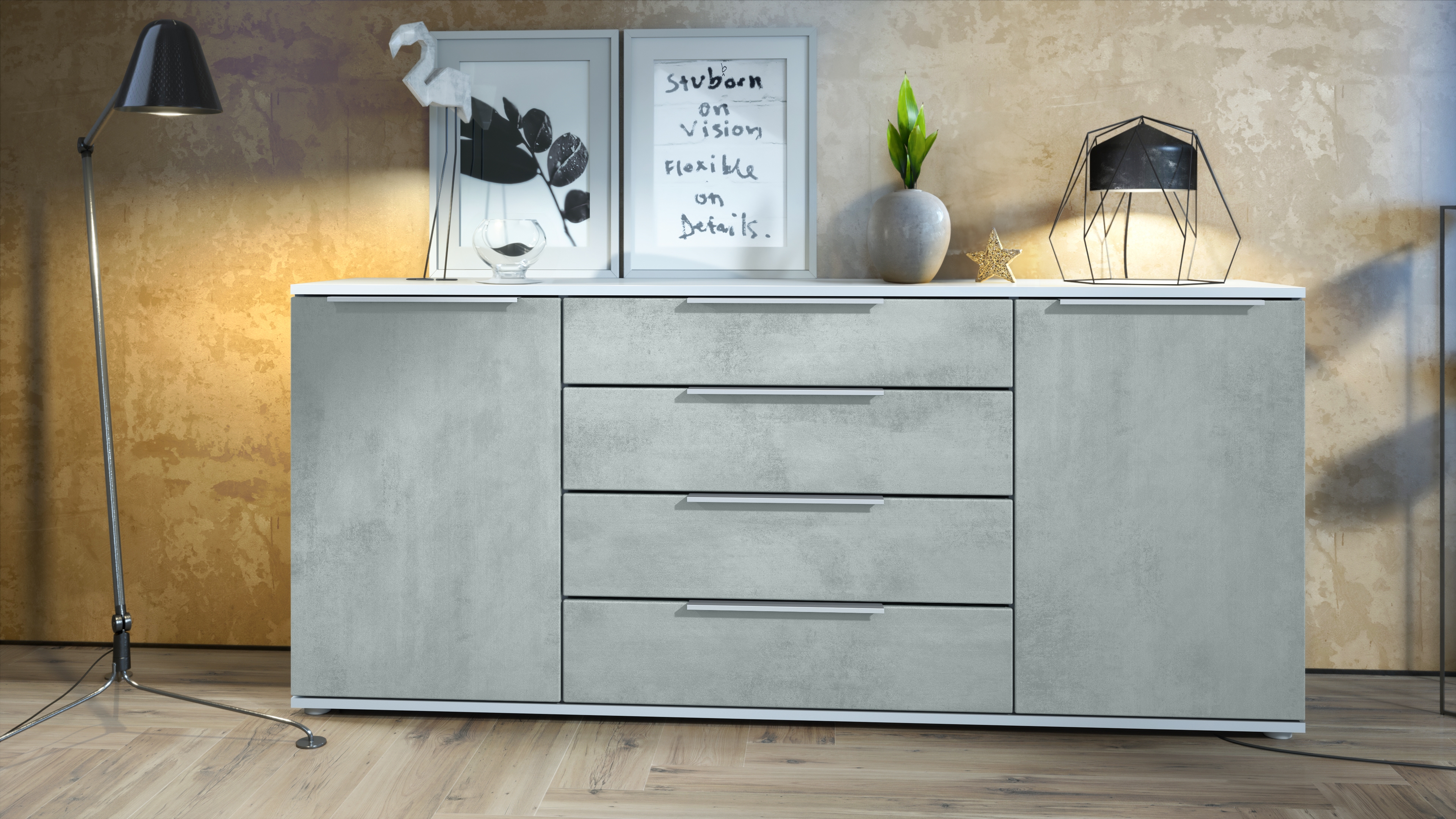 Linio V2 Sideboard mit 2 Türen und 4 Schubladen Weiß matt/Beton Oxid Optik (166,5 x 72,5 x 35 cm)