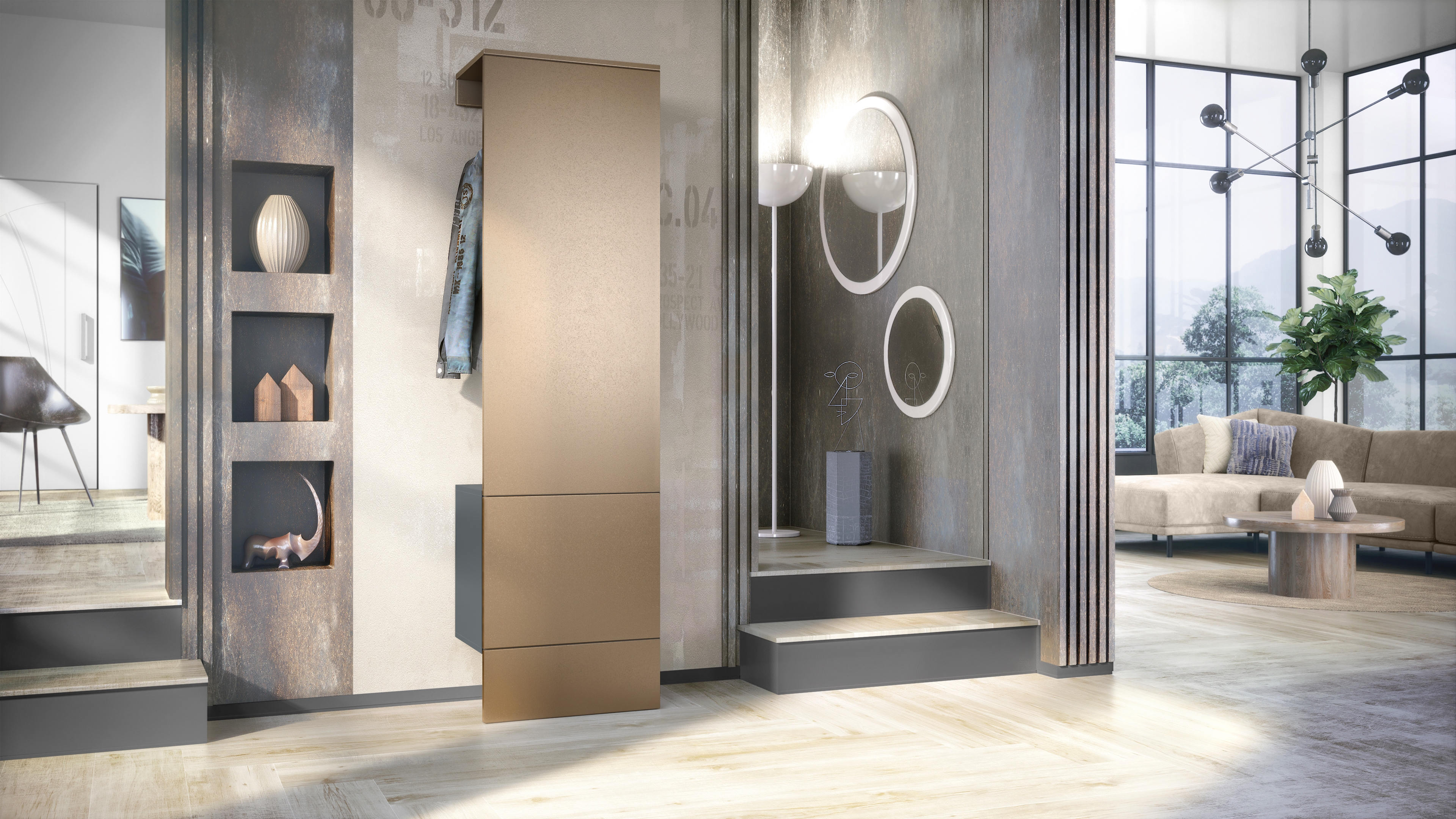Garderobe Carlton Set 5 Anthrazit 1-tlg. mit integrierter Tür und 1 Kleiderstange Anthrazit matt/Bronze Optik (52 x 193 x 35 cm)