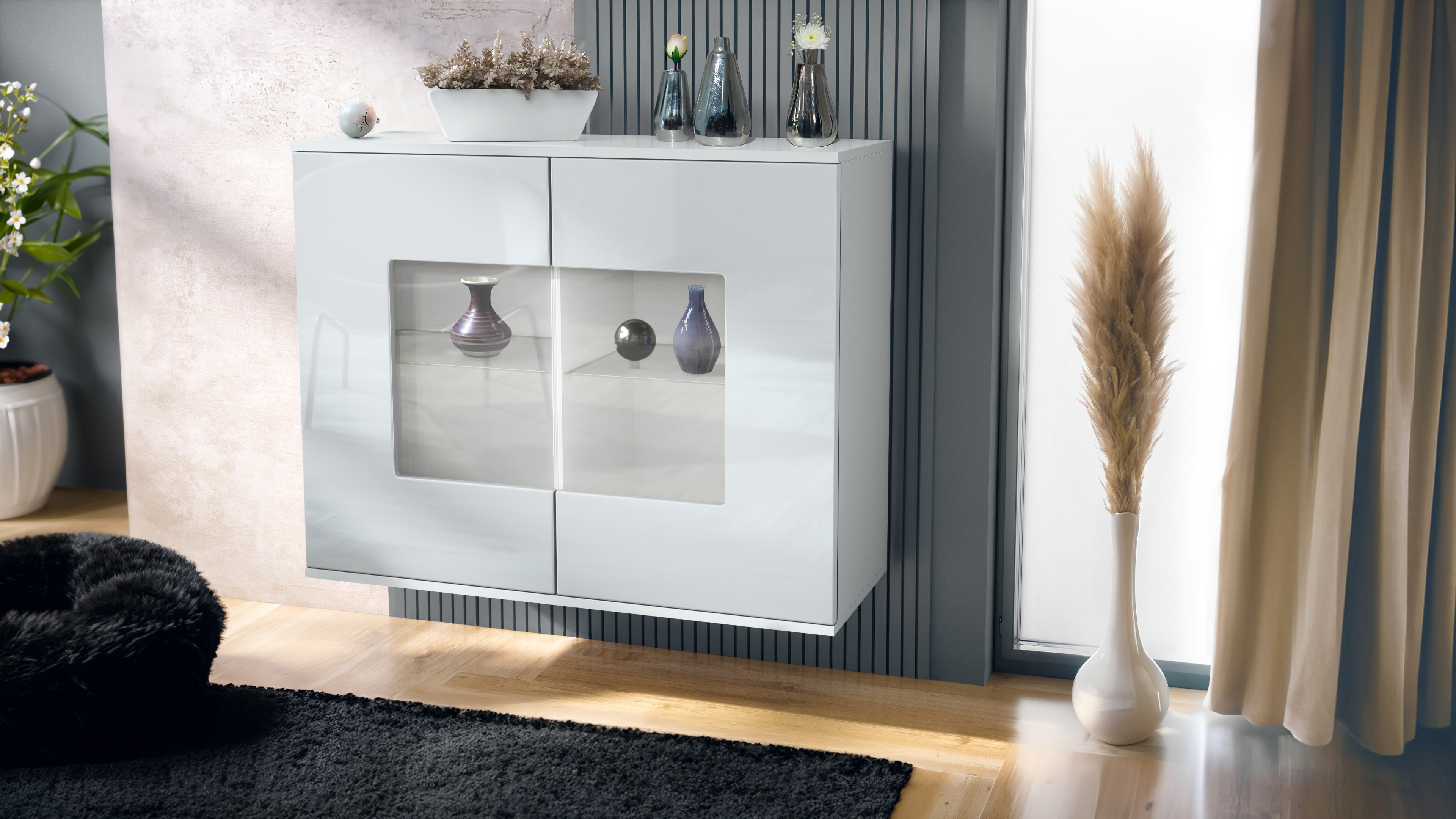 Grömitz V3 Kommode Weiß mit 2 großen Glastüren Weiß matt / Weiß Hochglanz (92,5 x 73.5 x 35)
