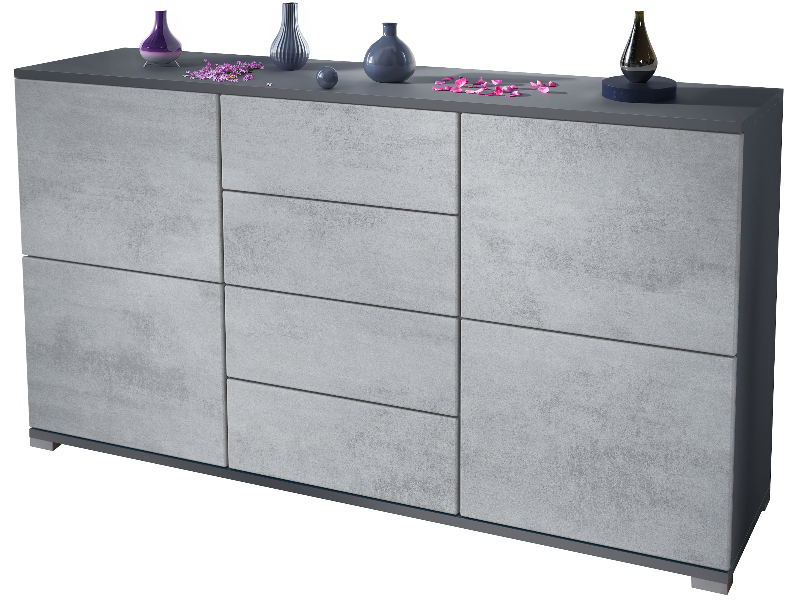 Sideboard Rova V1 4 Schubladen, Made in Germany, Anthrazit matt/Beton Oxid Optik (138,5 x 75,5 x 35)