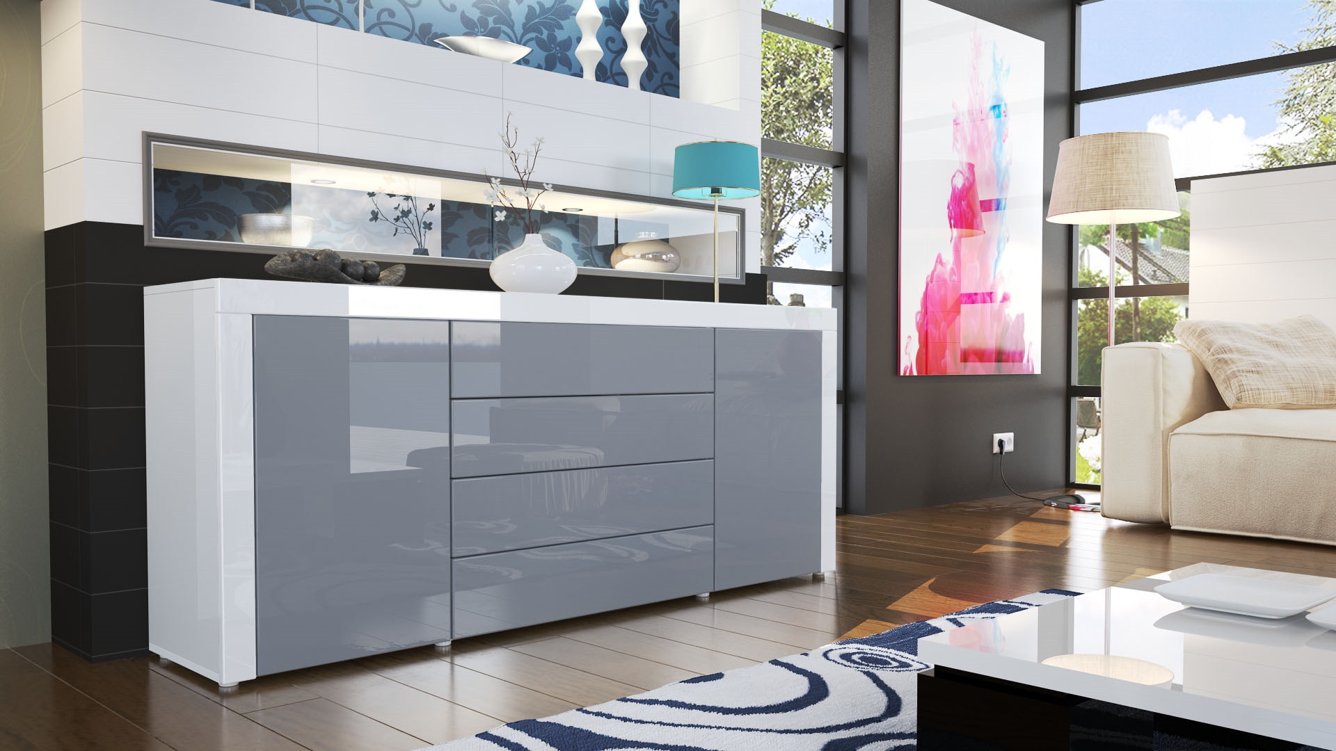 Sideboard La Paz mit 2 Türen und 4 Schubladen Grau Hochglanz / Weiß Hochglanz (167 x 72 x 35)