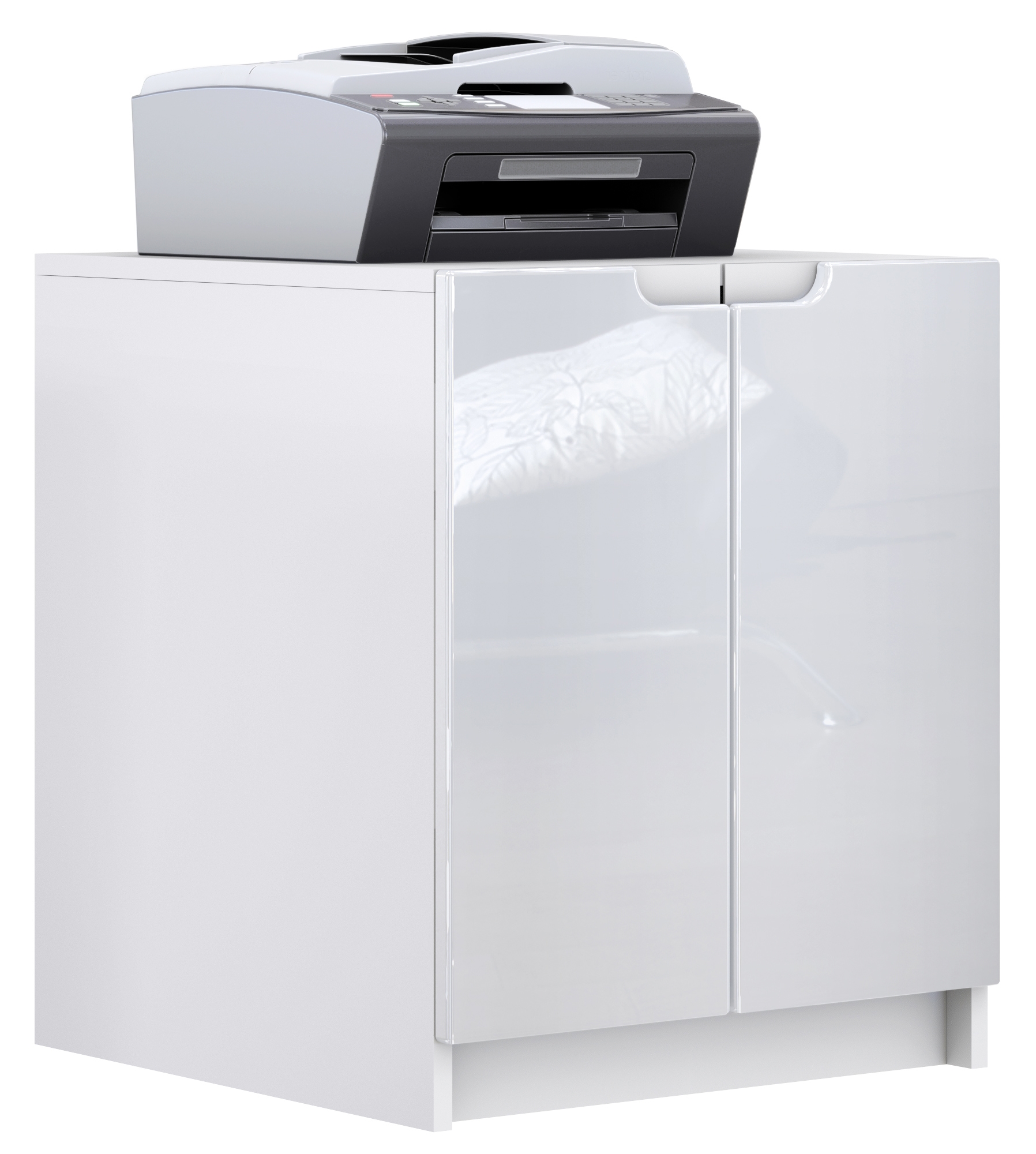 Druckerkommode Logan mit 2 Fächern und 2 Türen Druckerschrank Weiß matt/Weiß Hochglanz (51 x 60,5 x 54 cm)