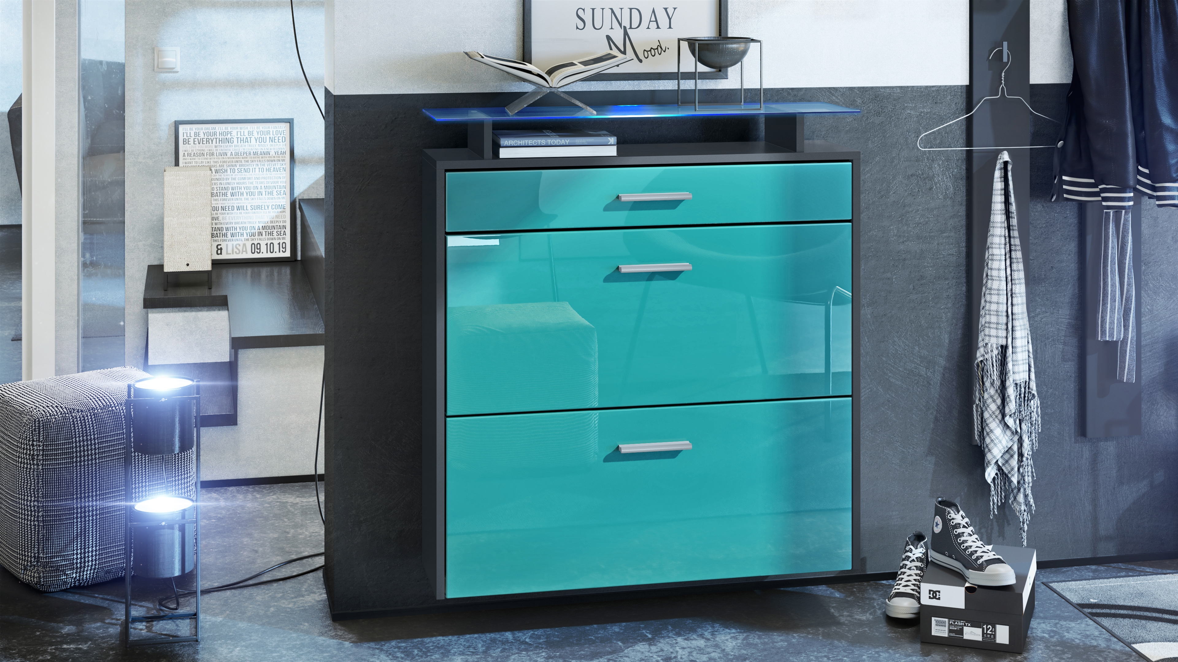 Schuhschrank Malea mit 2 Klappen und 1 Schublade und Glasablage Anthrazit matt/Petrol Hochglanz, mit Beleuchtung blau (89x96x23 cm)