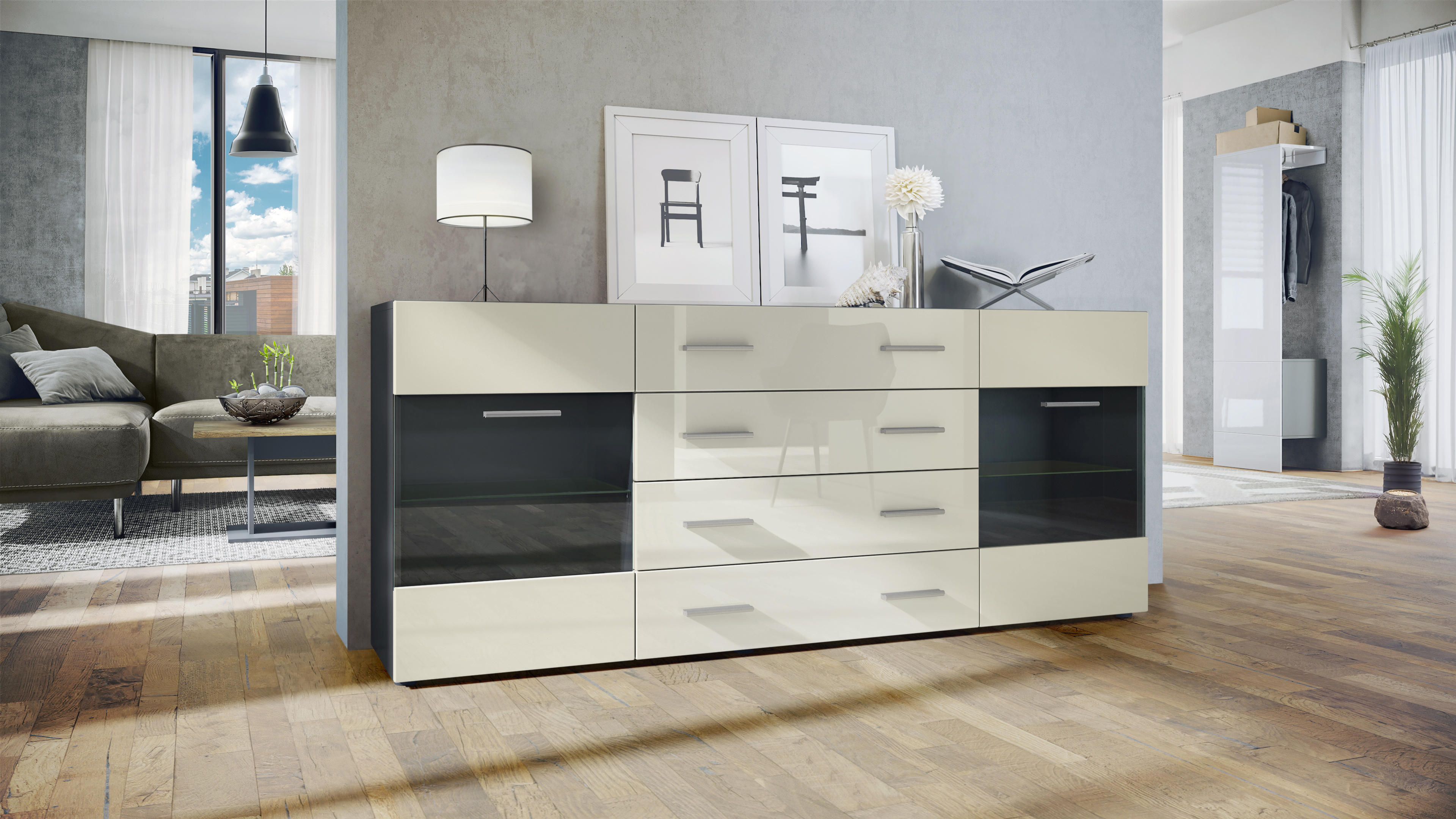 Sideboard Bari V2 4 Schubladen und 2 flexible Glaseinlegeböden Schwarz matt/Creme Hochglanz (166 x 72 x 35)