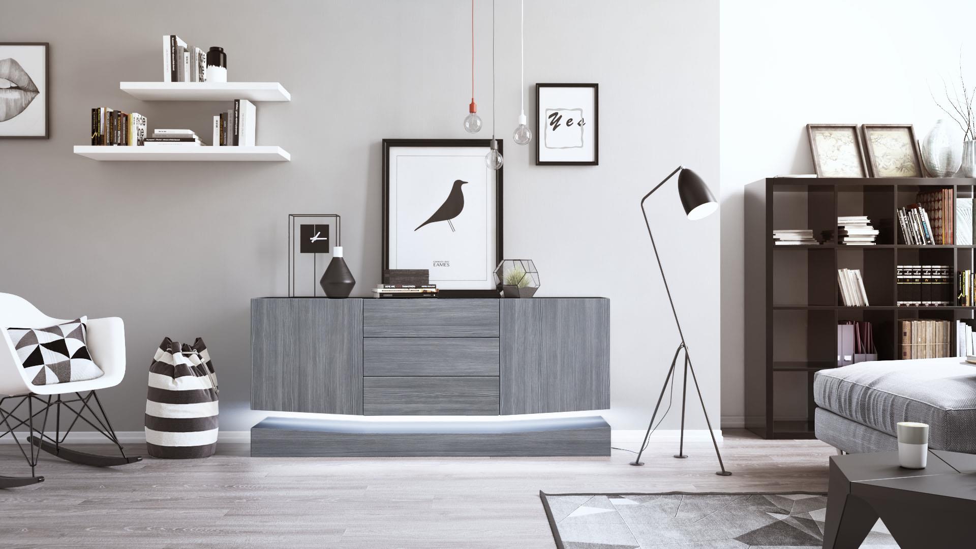 Sideboard City und 3 Schubladen inkl. LED-Beleuchtung,  Schwarz matt/Avola-Anthrazit (178 x 72 x 38 cm)