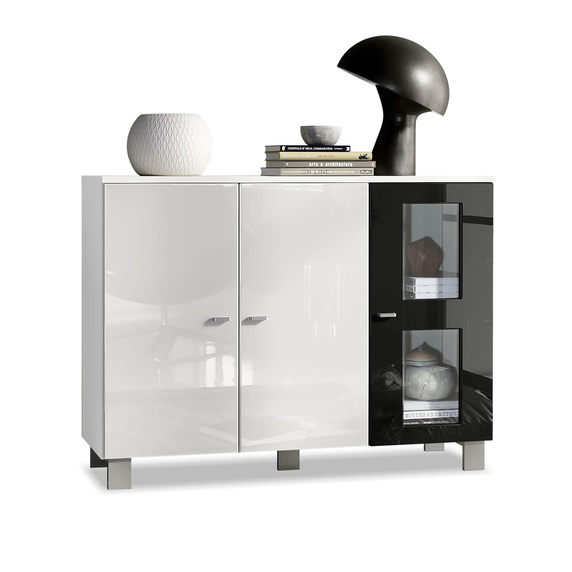 Sideboard Denjo  mit 3 Türen Weiß matt/Weiß Hochglanz/Schwarz Hochglanz (107 x 81 x 35 cm)