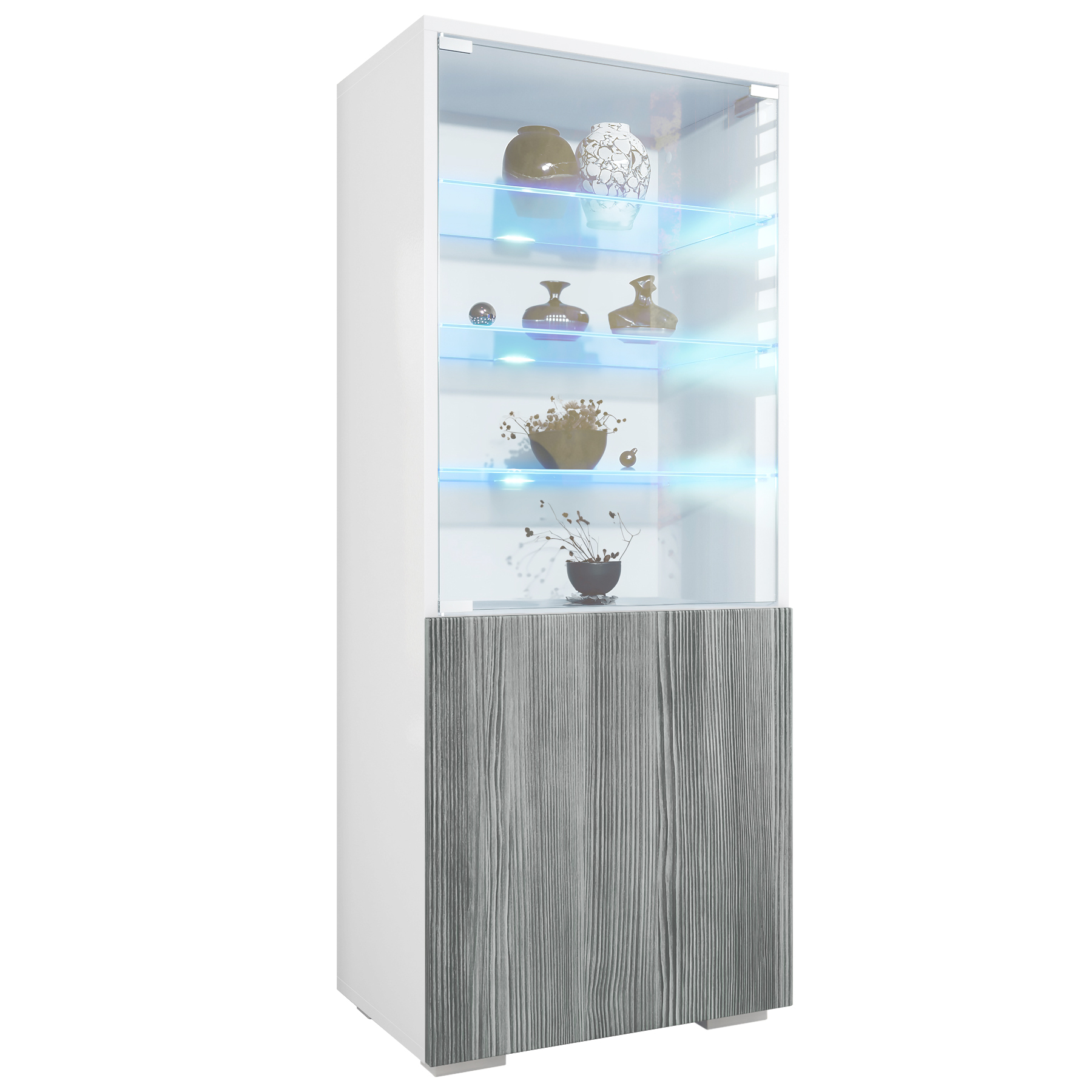 Granada Vitrine Weiß mit LED mit Glastür und Glaseinsatz inkl. LED Weiß matt/Avola-Anthrazit (50 x 122,5 x 34,5 cm)