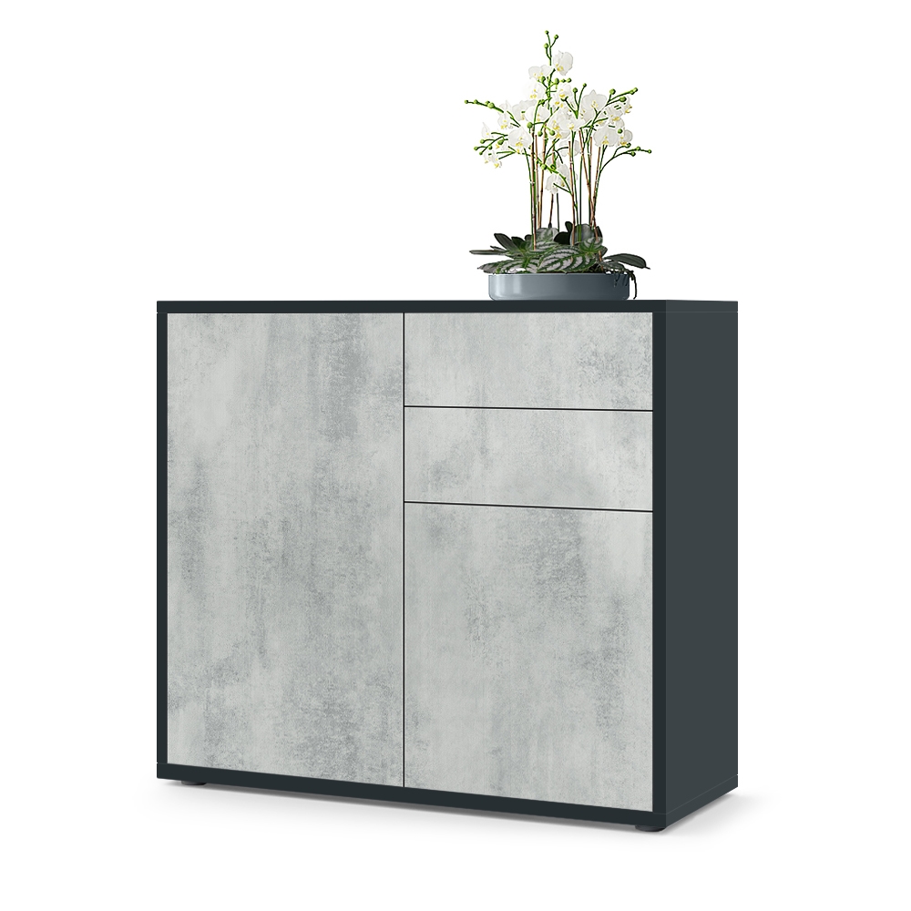 Kommode Ben  mit 2 Türen und 2 Schubladen Schwarz matt/Beton Oxid-Optik (79 x 74 x 36 cm)