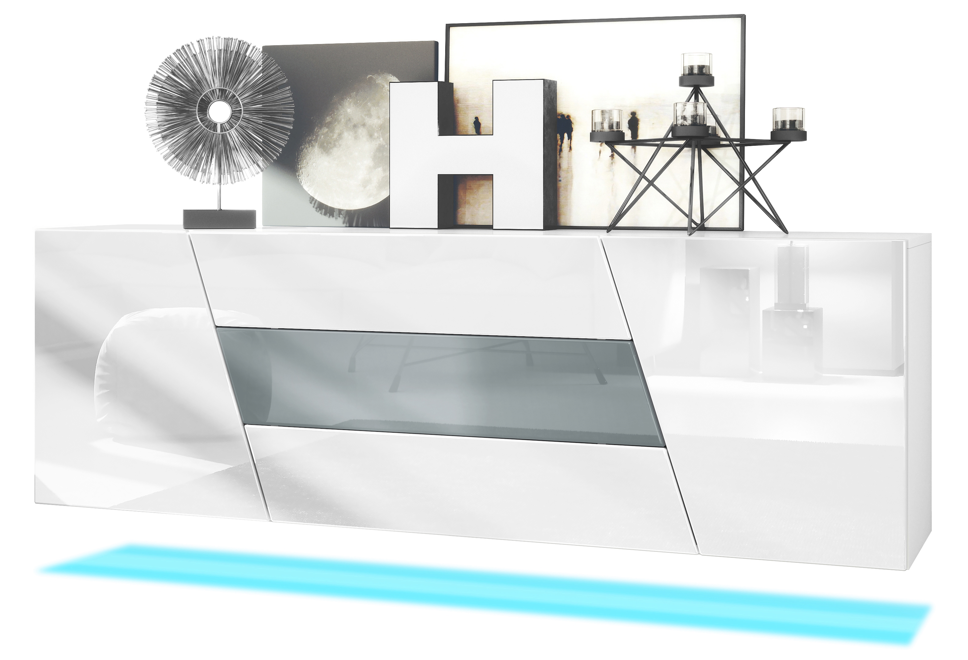 Houston Sideboard hängend mit 2 Türen und 3 Schubladen inkl. LED-Beleuchtung Weiß matt/Weiß Hochglanz/Grau Hochglanz (178 x 57,5 x 38,5 cm)