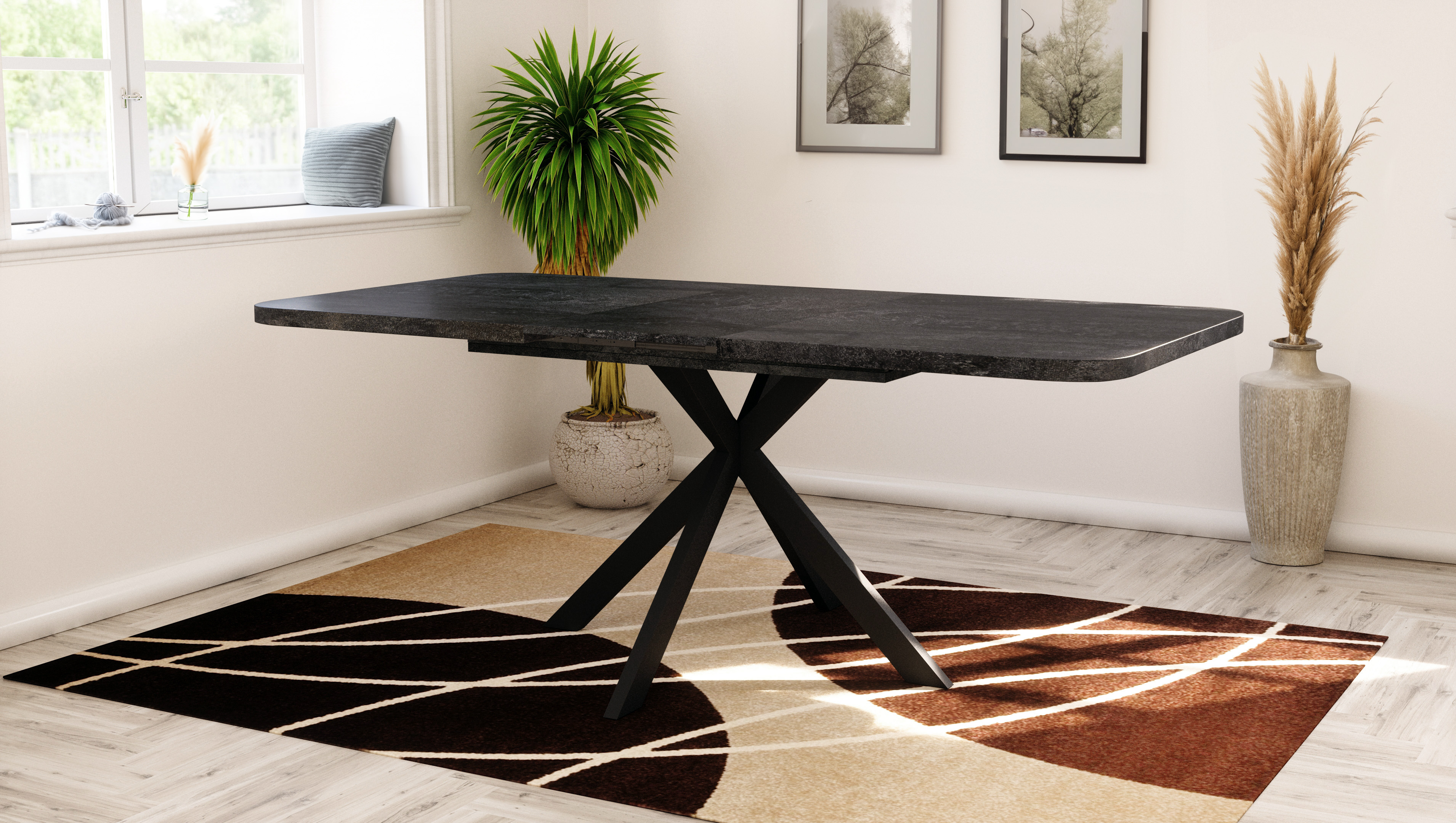 Esstisch Craft 140-180 cm, Holzkohle Optik mit Schwarzen Metall Füßen