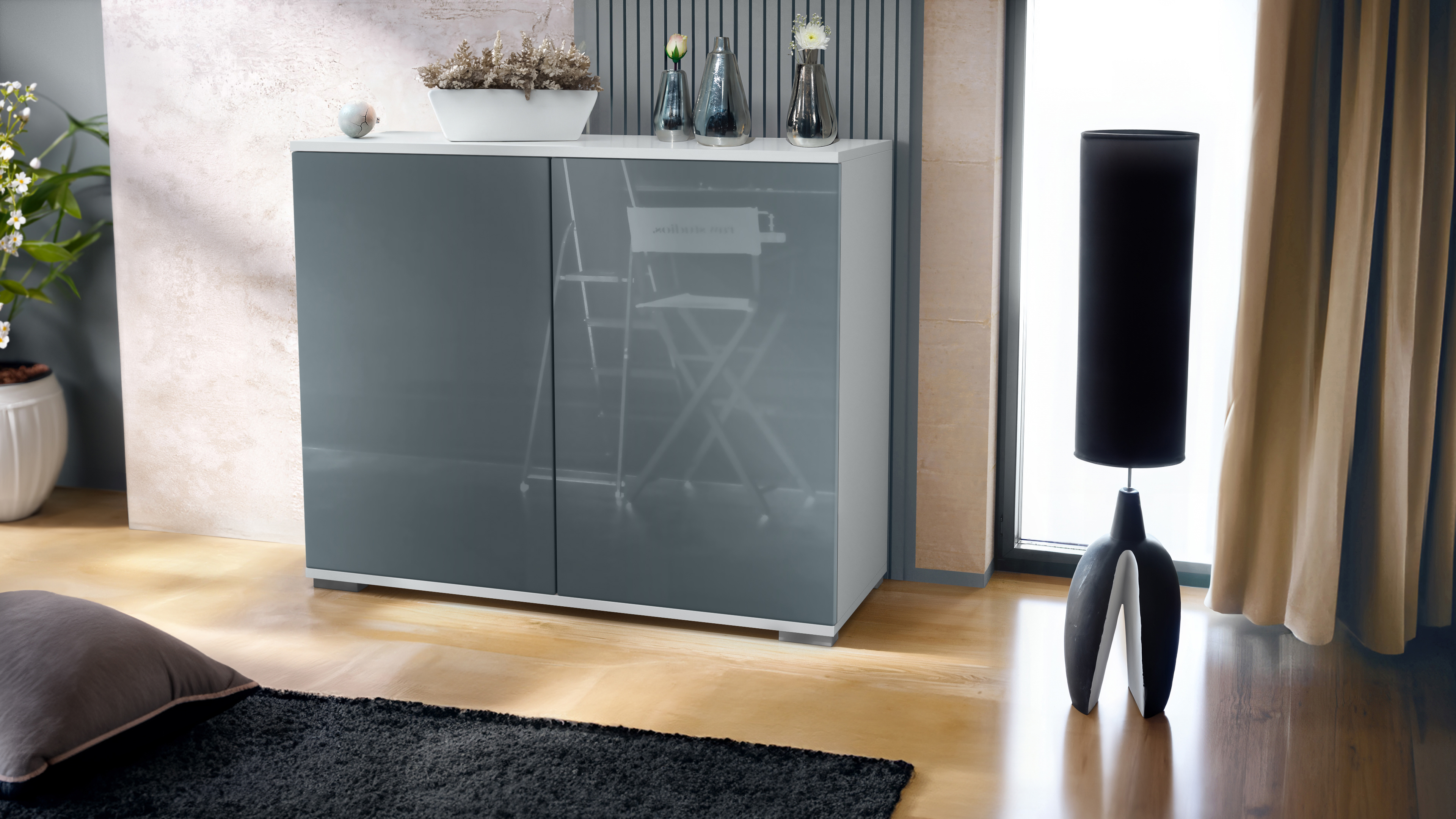 Skadu V3 Kommode Weiß mit 2 großen Türen Weiß matt / Grau Hochglanz (92,5 x 75.5 x 35)