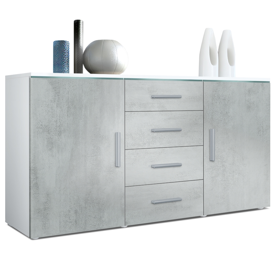 Sideboard Faro mit 2 Türen und 4 Schubladen Weiß matt/Beton Oxid Optik (139 x 72 x 35)