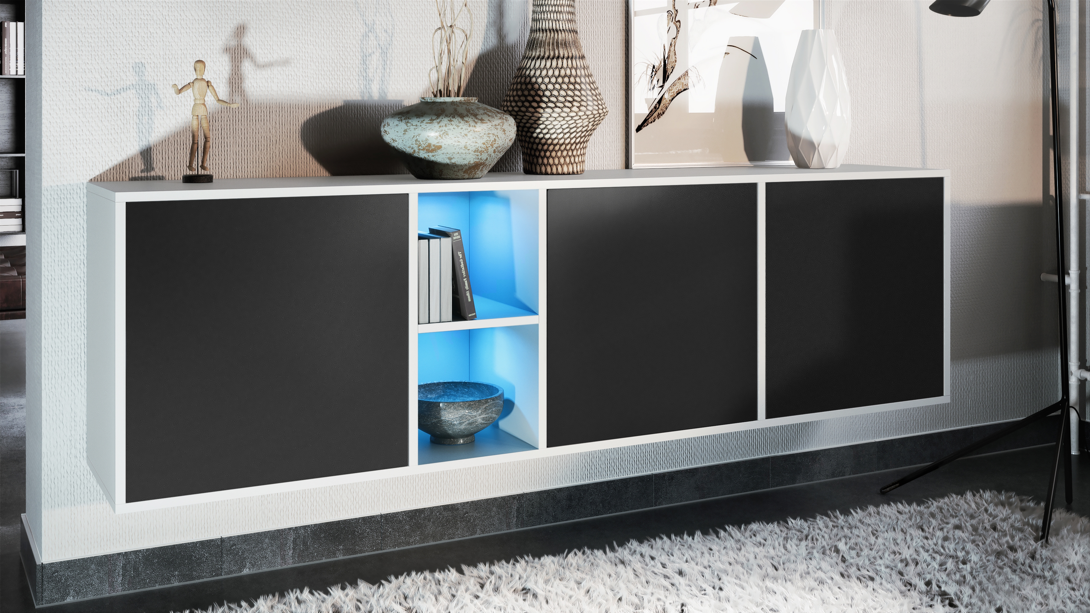 Sideboard Cuba  mit 3 Türen und 2 offene Fächer Weiß matt/Schwarz matt inkl. LED-Beleuchtung (182 x 53 x 35 cm)