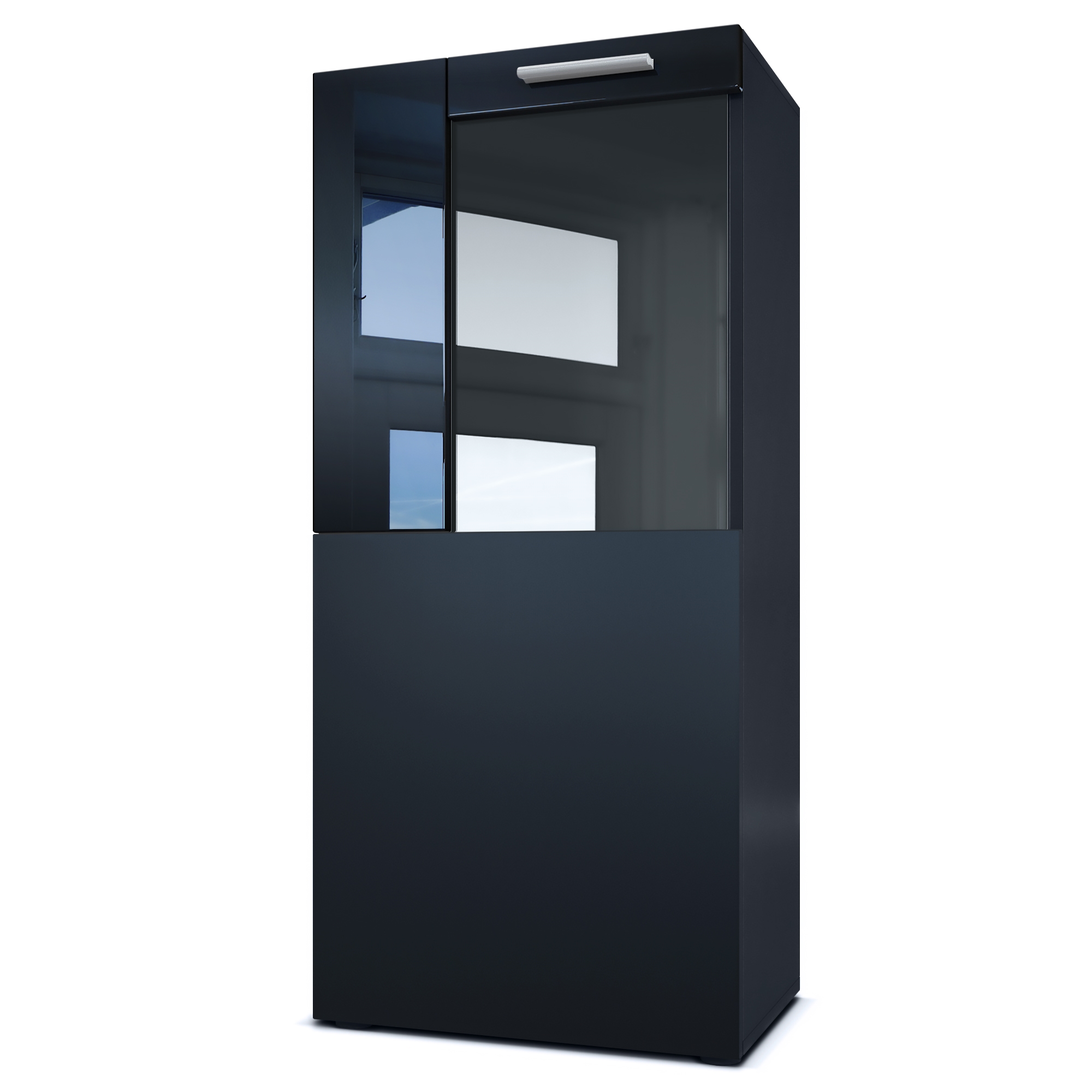 Vitrine Movie mit 1 großen Tür, dahinter 2 geräumige Fächer  Schwarz matt/Schwarz Hochglanz (51 x 110 x 31 cm)