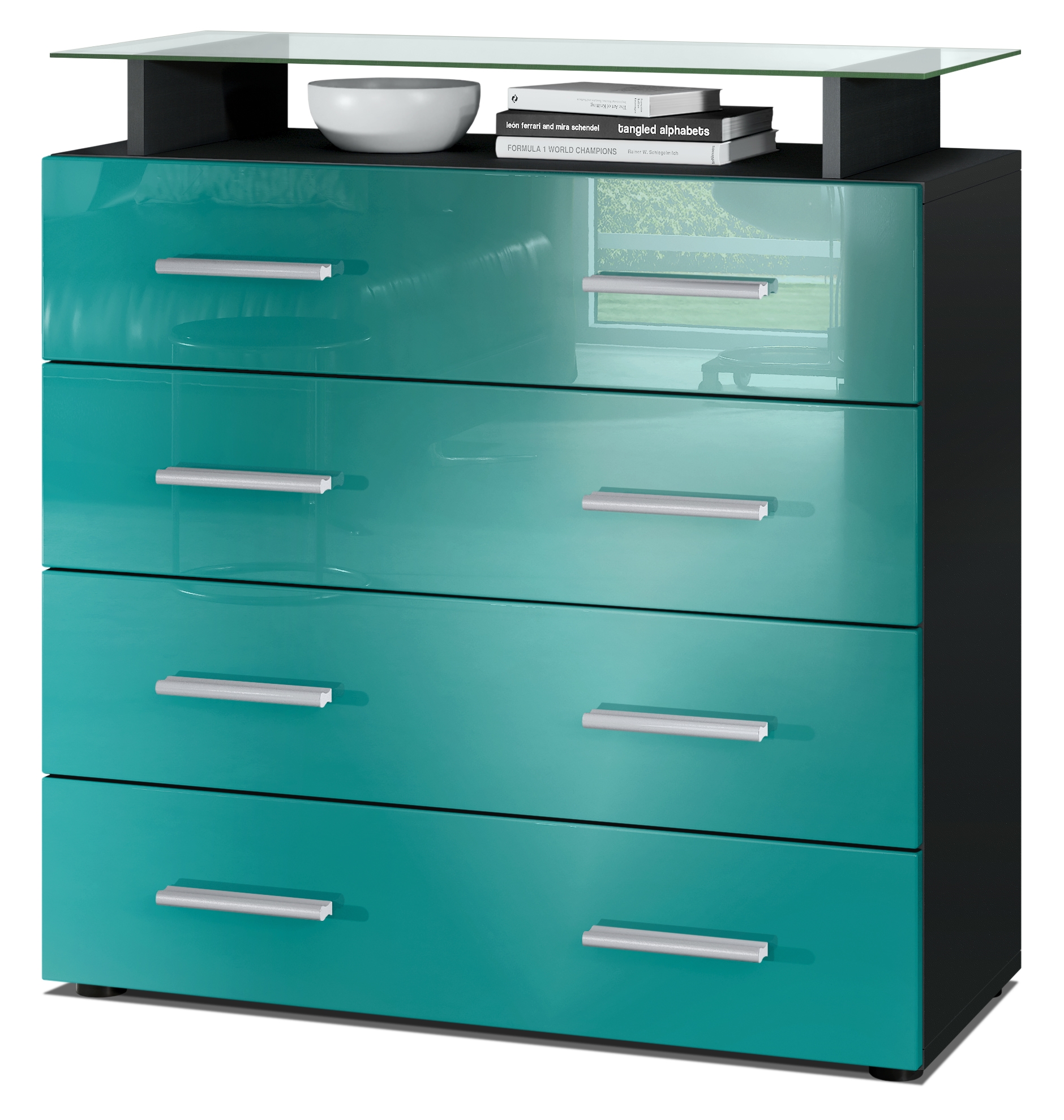 Kommode Pavos V2 mit 4 Schubladen und Glasablage Schwarz matt/Petrol Hochglanz (76 x 81 x 35 cm)