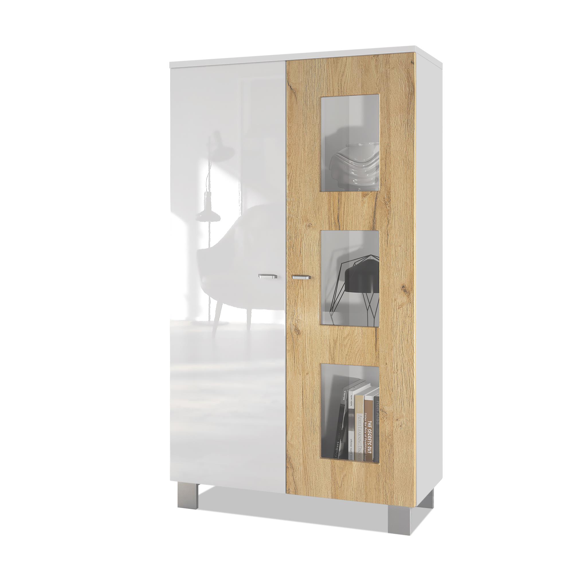 Vitrine Denjo  mit 2 Türen und 3 Glaseinsätzen Weiß matt/ Weiß Hochglanz/ Eiche Natur (71 x 129 x 35 cm)