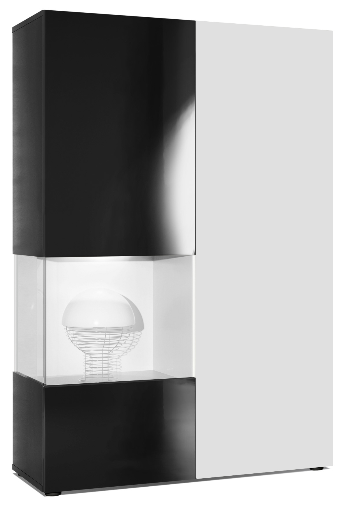 Vitrine Morena  mit 2 Türen dahinter ingesamt 7 Fächer Schwarz matt/Schwarz glänzend/Weiß matt mit Beleuchtung (92x135x37 cm)