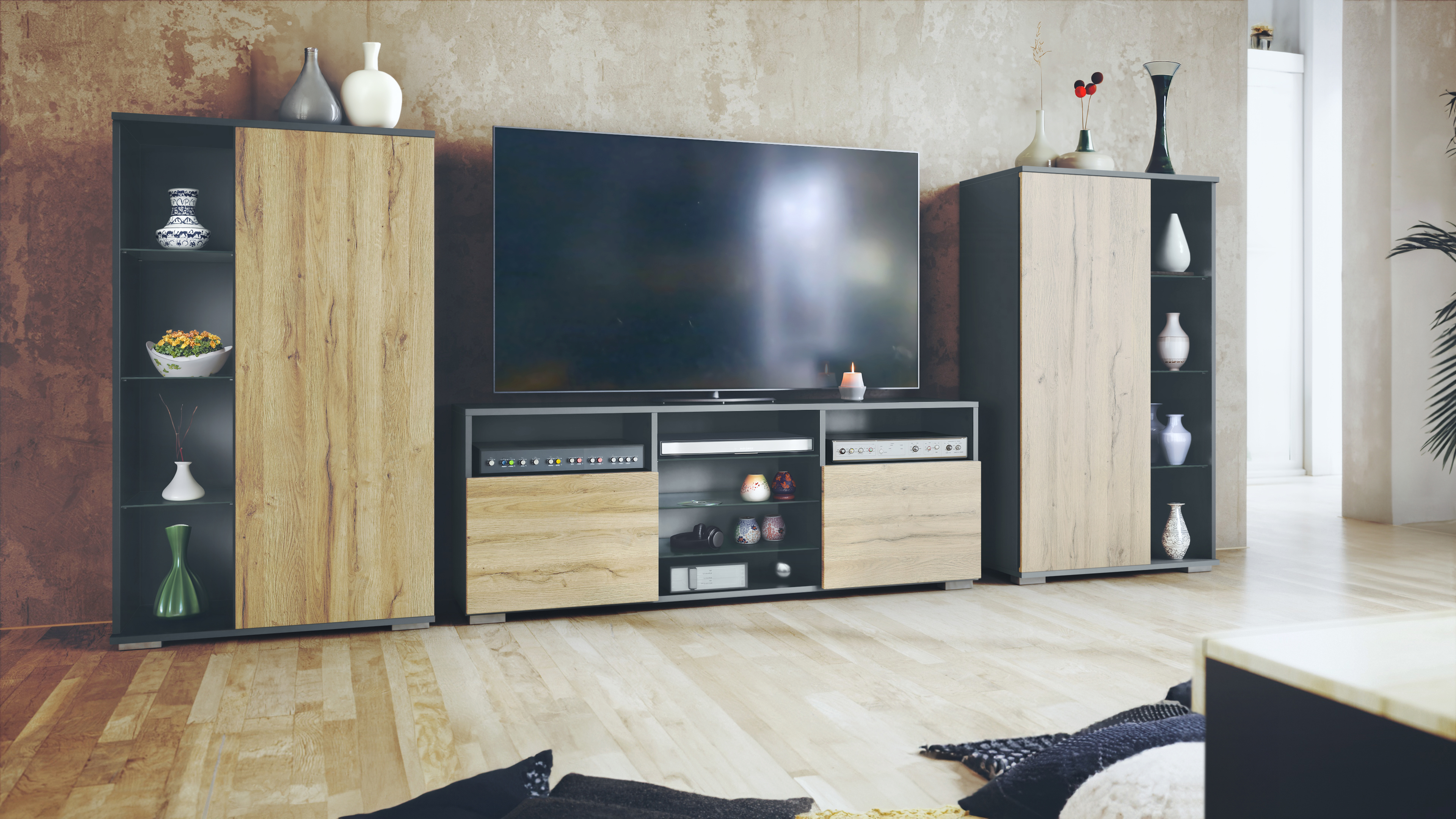 Wohnwand Davos 3-tlg. bestehend aus 2 Vitrinen und 1 TV-Board Anthrazit matt/Eiche Natur (329 x 134 x 35 cm)