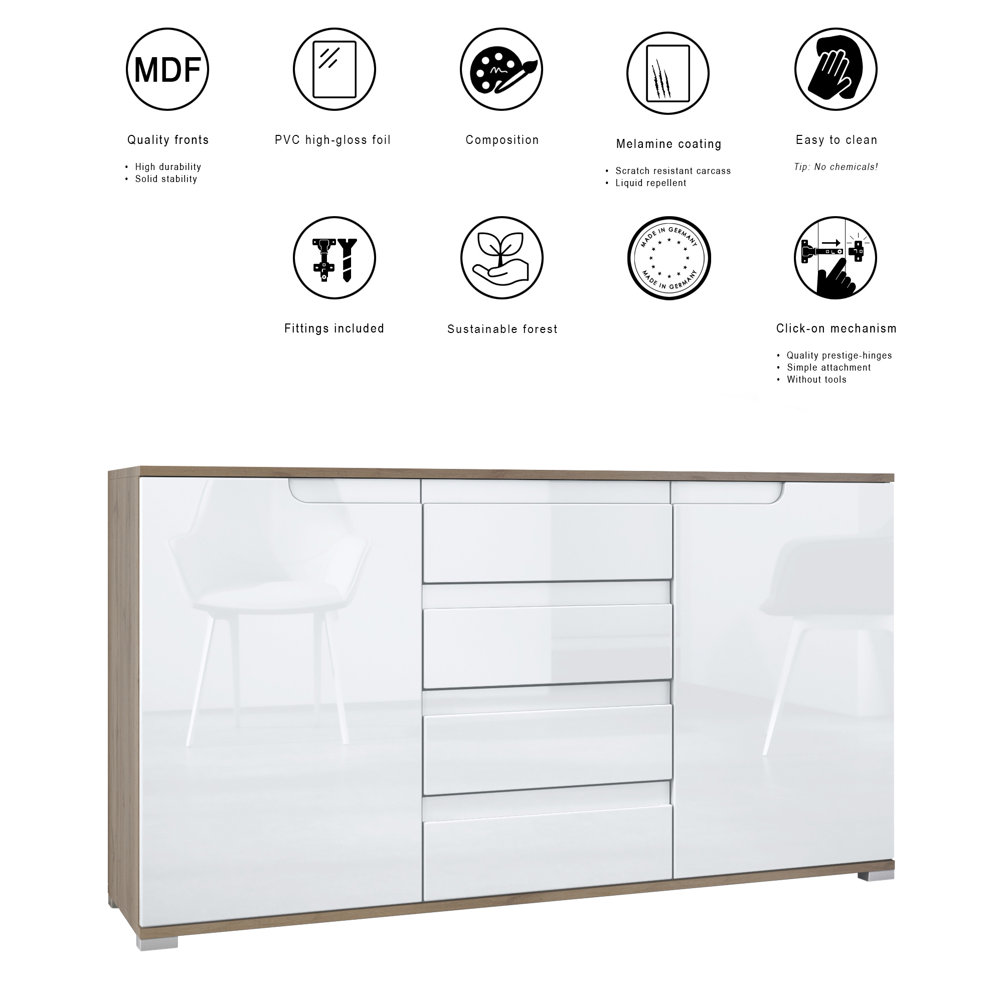 Sideboard Sylt V1 Eiche Evoke Korpus - Eiche Evoke / Front - Sandgrau Hochglanz Absetzung - Anthrazit matt (138,5 x 75,5 x 35 cm)