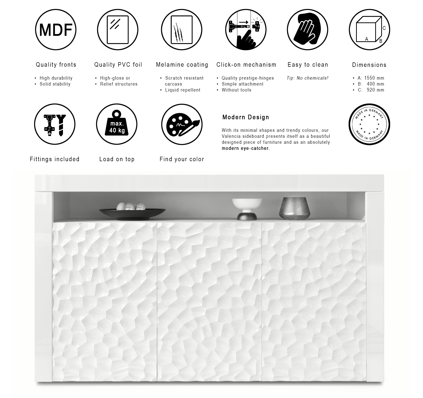 Sideboard Valencia  mit 3 Türen und 1 offenem Fach Weiß matt&glänzend mit 3D Struktur (155x92x40 cm)
