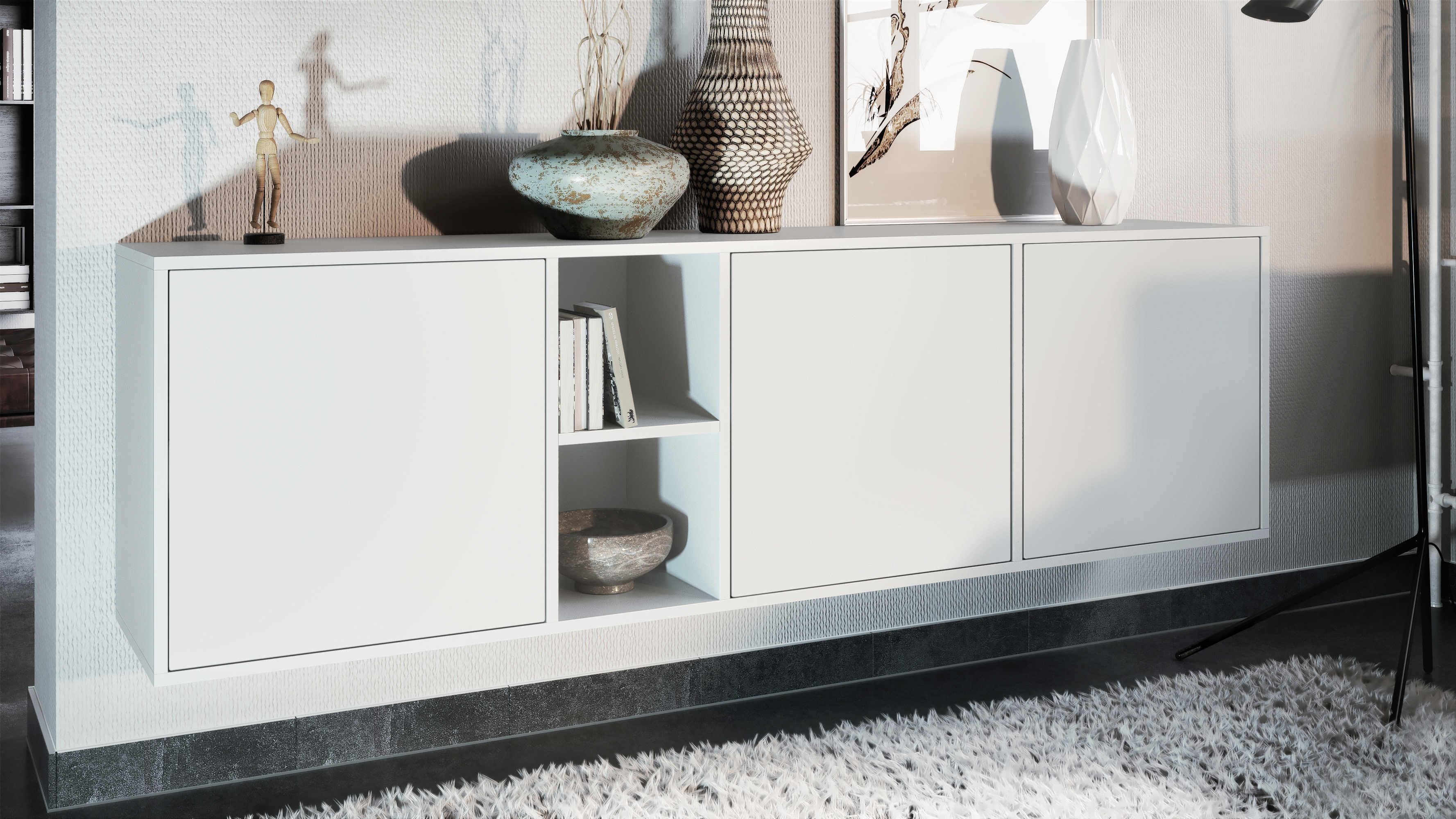 Sideboard Cuba  mit 3 Türen und 2 offene Fächer Weiß matt (182 x 53 x 35 cm)