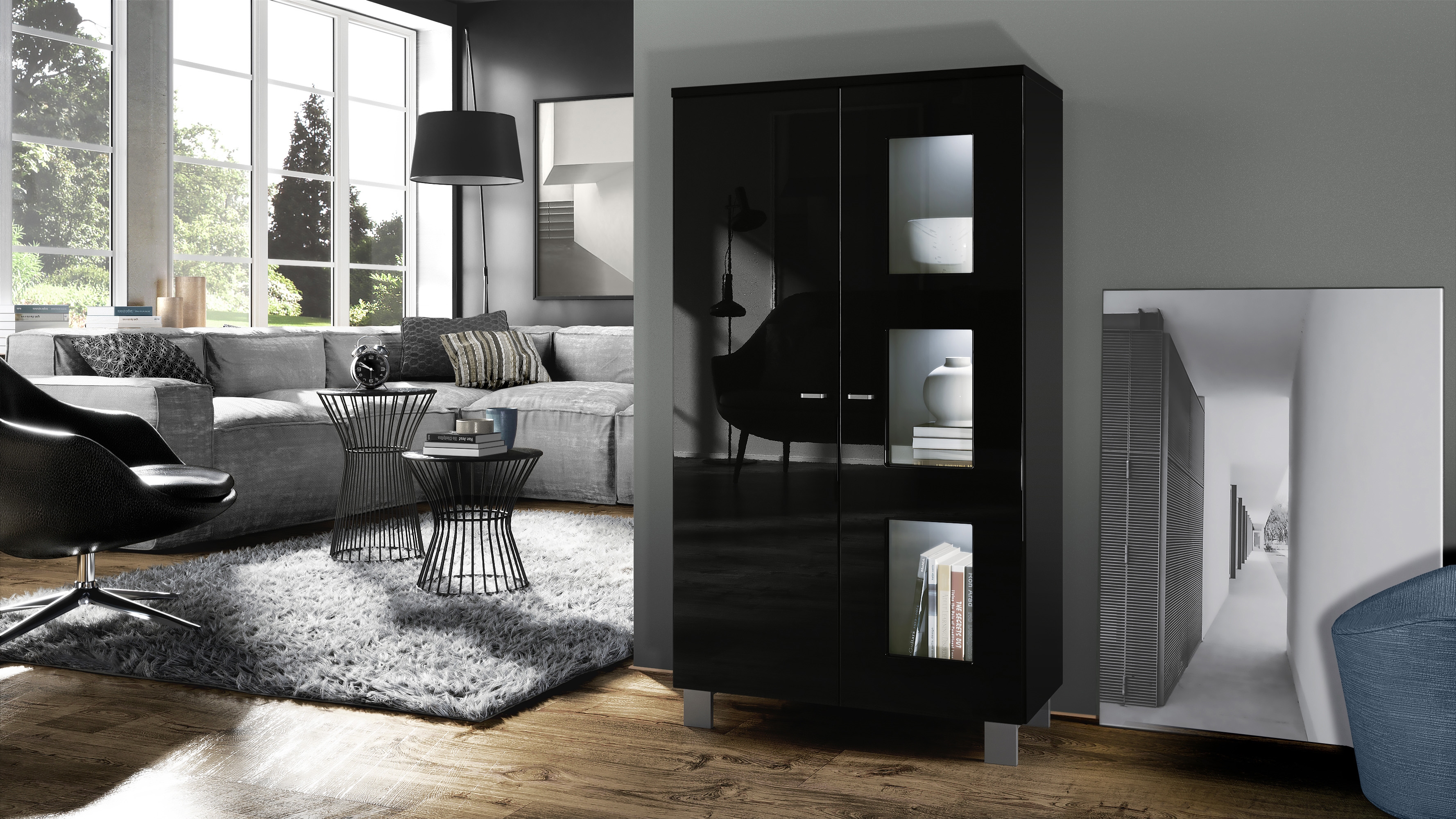 Vitrine Denjo  mit 2 Türen und 3 Glaseinsätzen Schwarz matt/Schwarz Hochglanz, inkl. LED-Beleuchtung (71x129x35 cm)