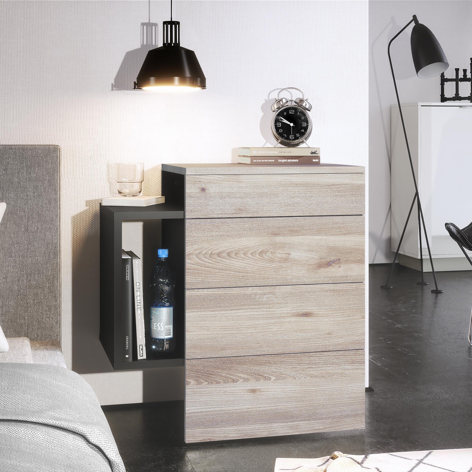 Nachttisch Queens und 1 seitlichem Fach zur Wandmontage Schwarz matt/Eiche Nordic (60 x 63 x 36 cm)