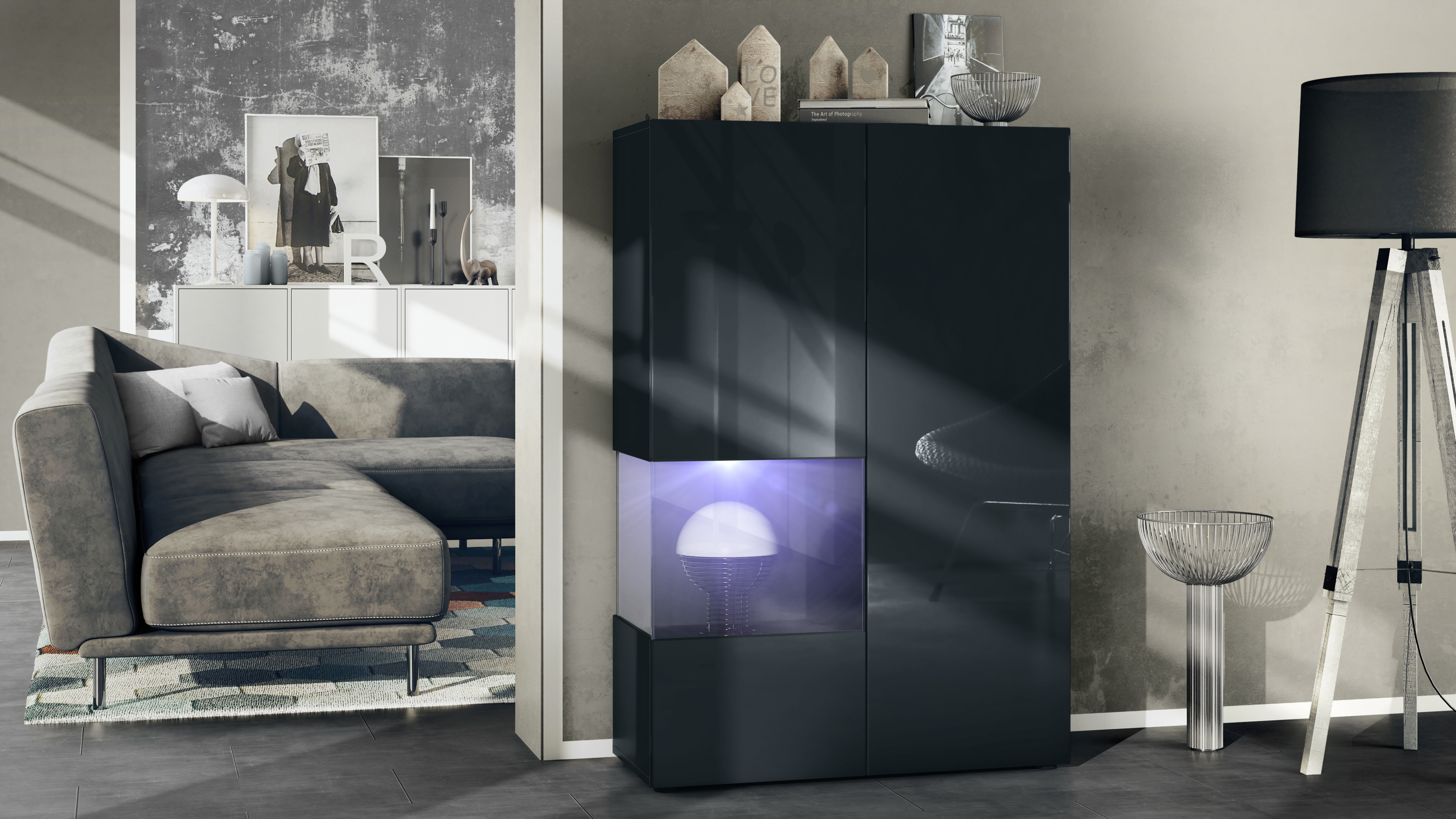 ​Vitrine Morena V2 mit 2 Türen und Glaseinsatz inkl. LED-Beleuchtung Schwarz matt/Schwarz Hochglanz/Schwarz matt(91,5 x 136,5 x 37 cm)