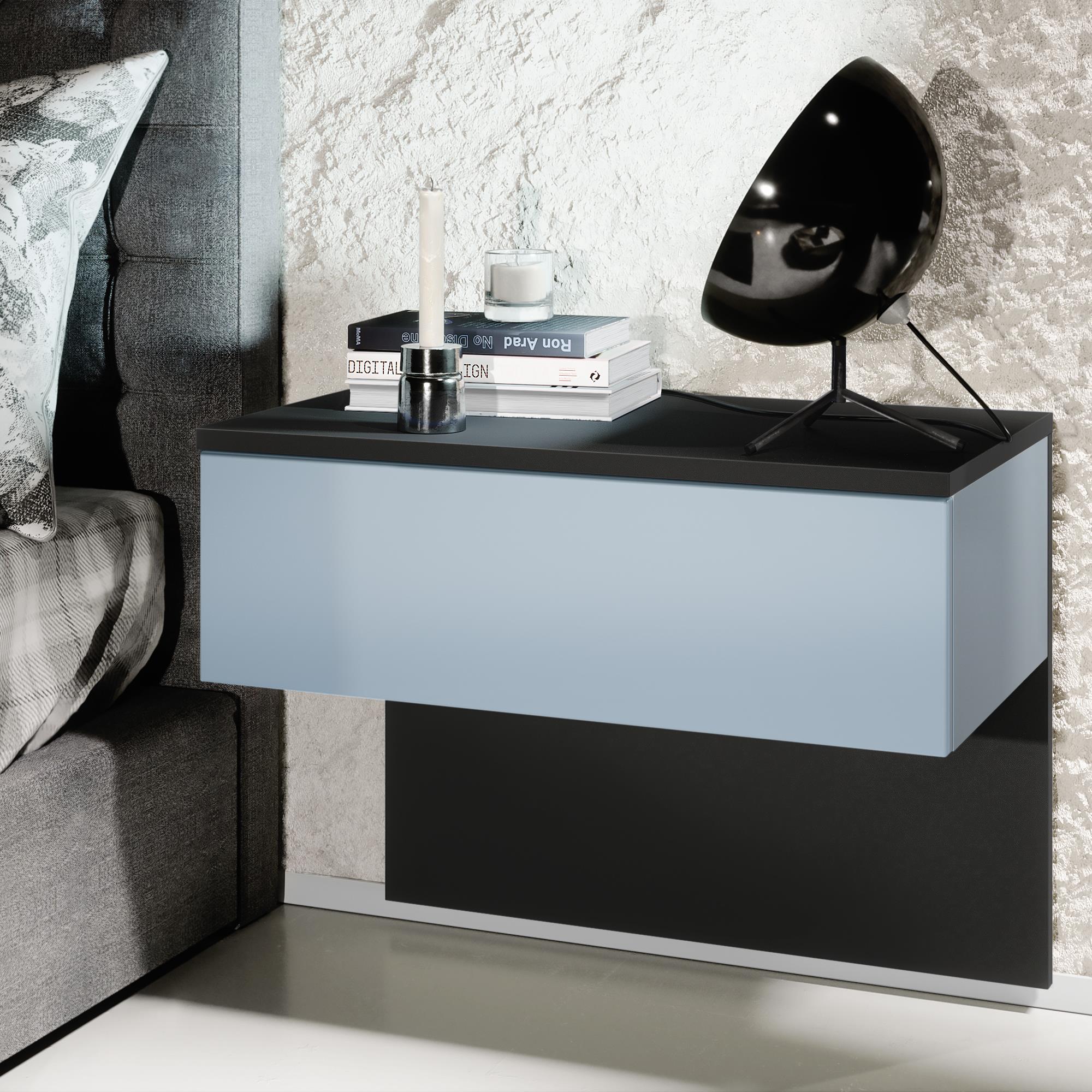 Nachttisch Sleep  mit Schublade zur Wandmontage Schwarz matt/Denim matt (60 x 46 x 35 cm)