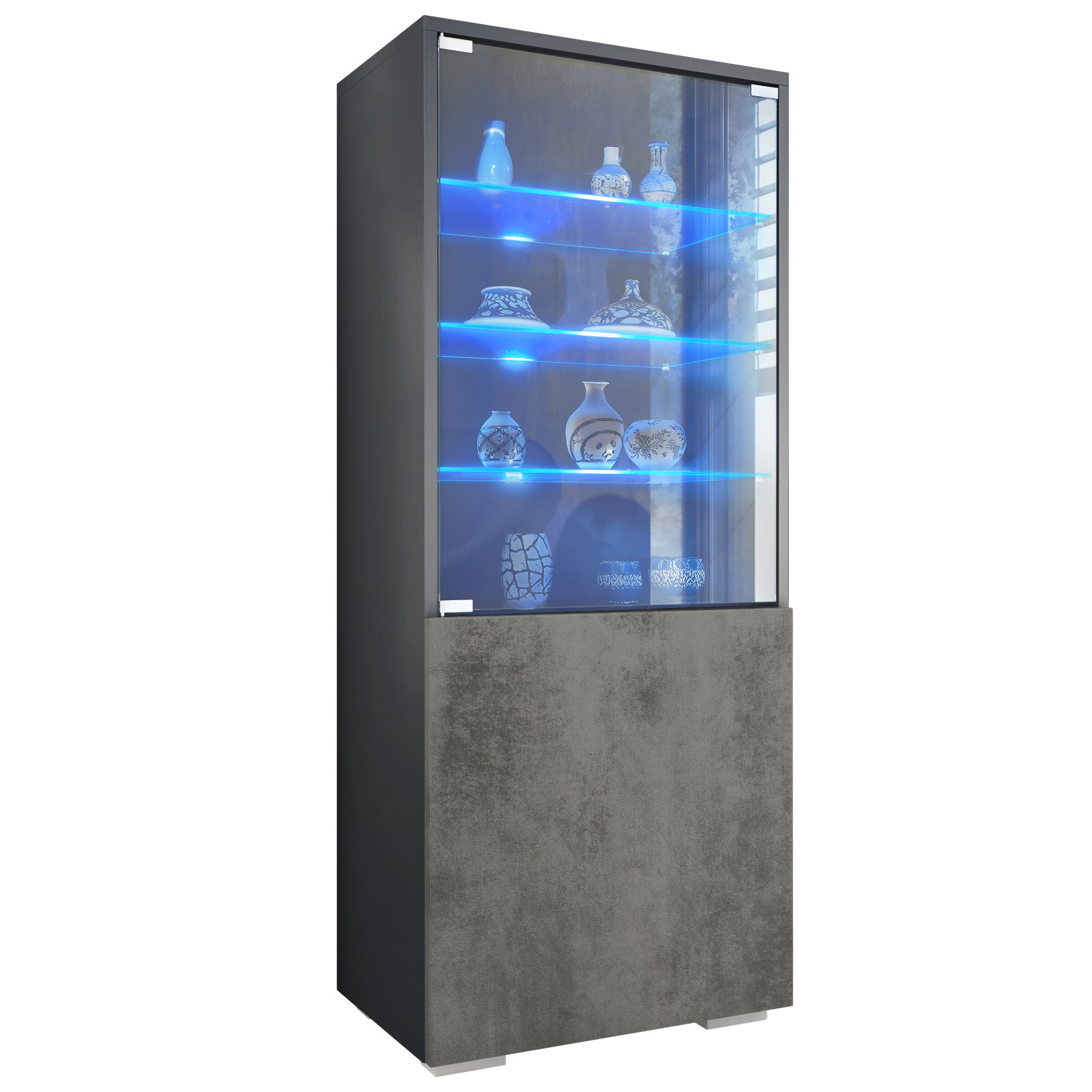 Granada Vitrine Anthrazit mit LED mit Glastür und Glaseinsatz inkl. LED Anthrazit matt/Beton Dunkel Optik (50 x 122,5 x 34,5 cm)