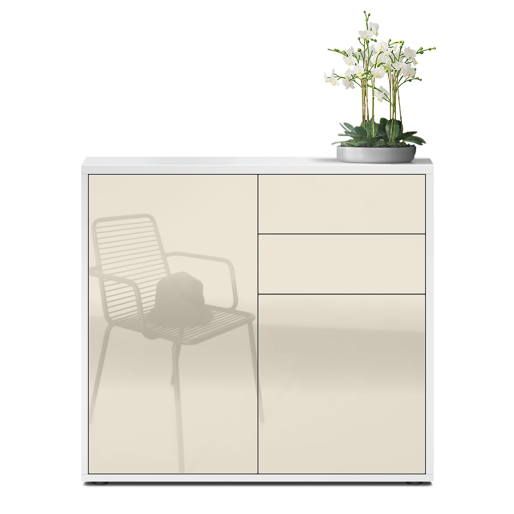 Kommode Ben  mit 2 Türen und 2 Schubladen Weiß matt/Creme Hochglanz (79 x 74 x 36 cm)