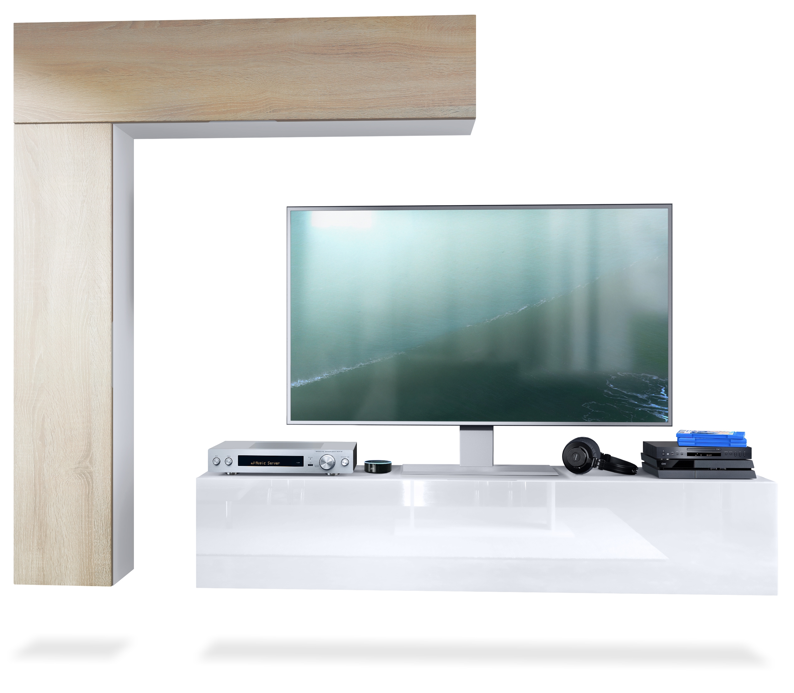 Wohnwand Taurito  mit Rückwand mit 2 Klappen und 1 Schrank Weiß matt/Eiche sägerau (320 x 182 x 39 cm)
