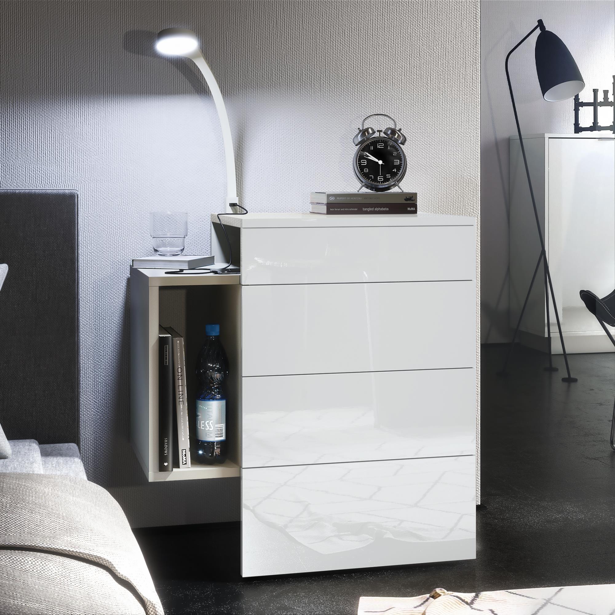 Nachttisch Queens und 1 seitlichem Fach zur Wandmontage Weiß matt/Weiß Hochglanz inkl. LED Flexi Lampe (60 x 63 x 36 cm)