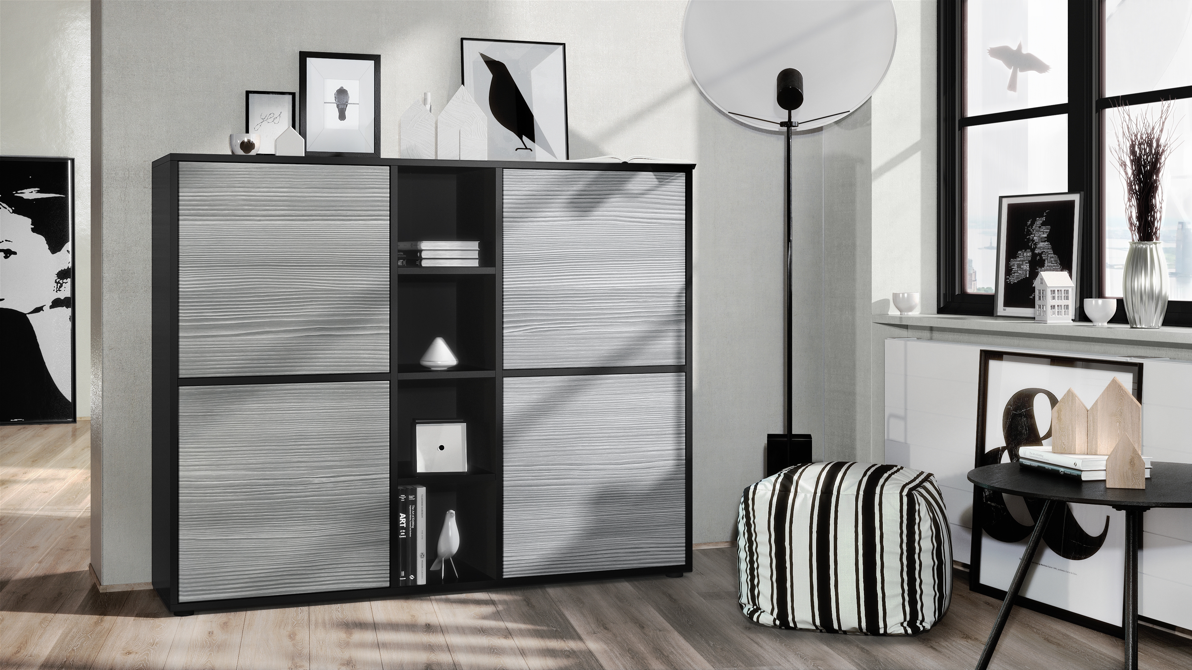 Highboard Cuba V3  Schrank Anrichte Cuba V3 mit 12 Fächern Korpus in Schwarz matt / in Avola-Anthrazit (130,5x105,5x35,5 cm)
