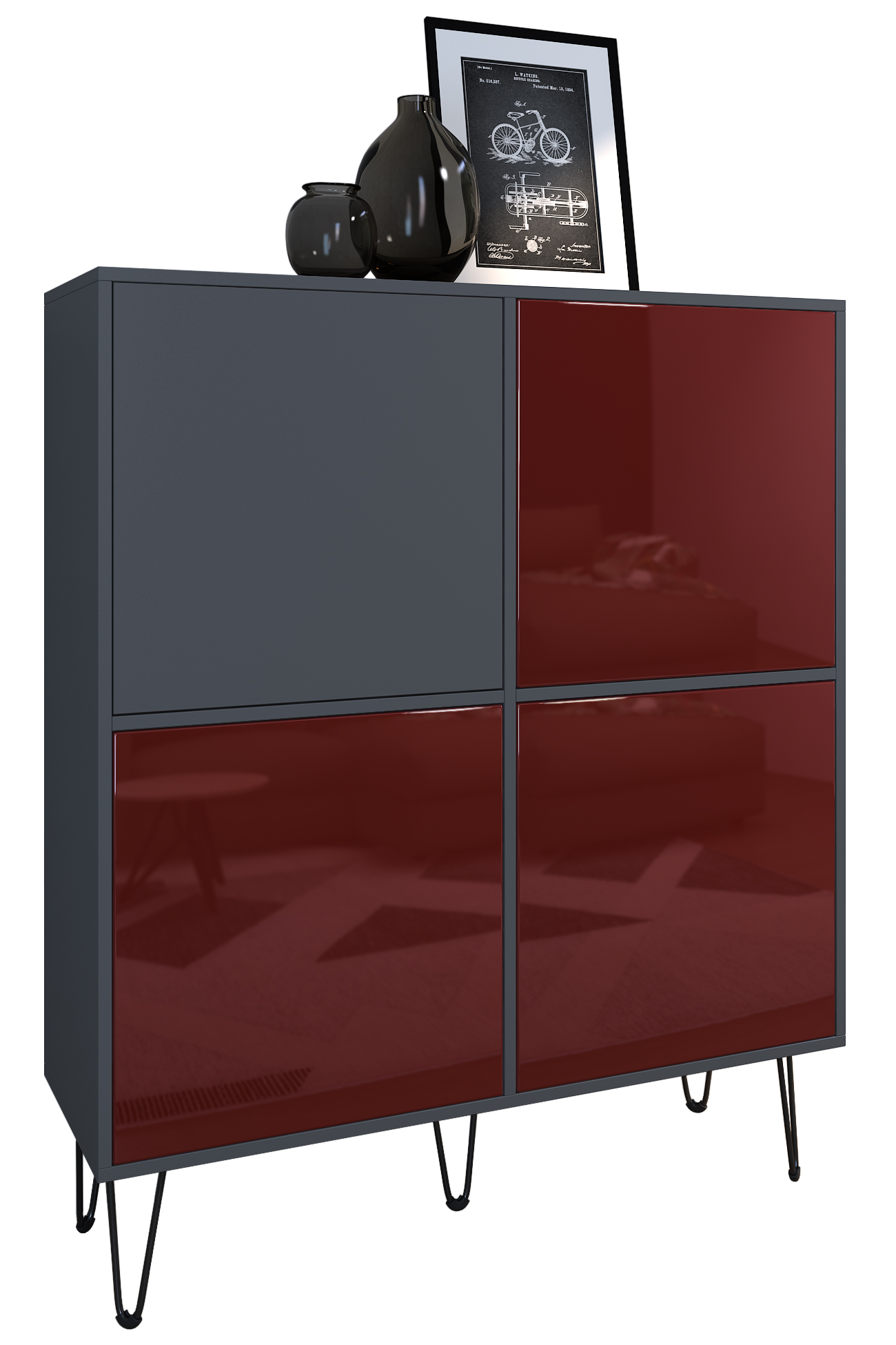 Highboard Havana V2 Kommode, Made in Germany Anthrazit matt / Bordeaux Hochglanz (104 x 124 x 35 cm)
