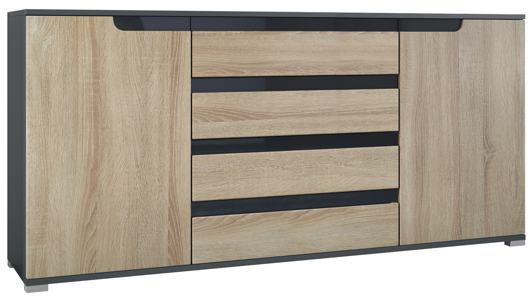 Sideboard Sylt V2 Anthrazit Korpus - Anthrazit matt / Front - Eiche sägerau / Absetzung - Schwarz Hochglanz (166,5 x 75,5 x 35 cm)