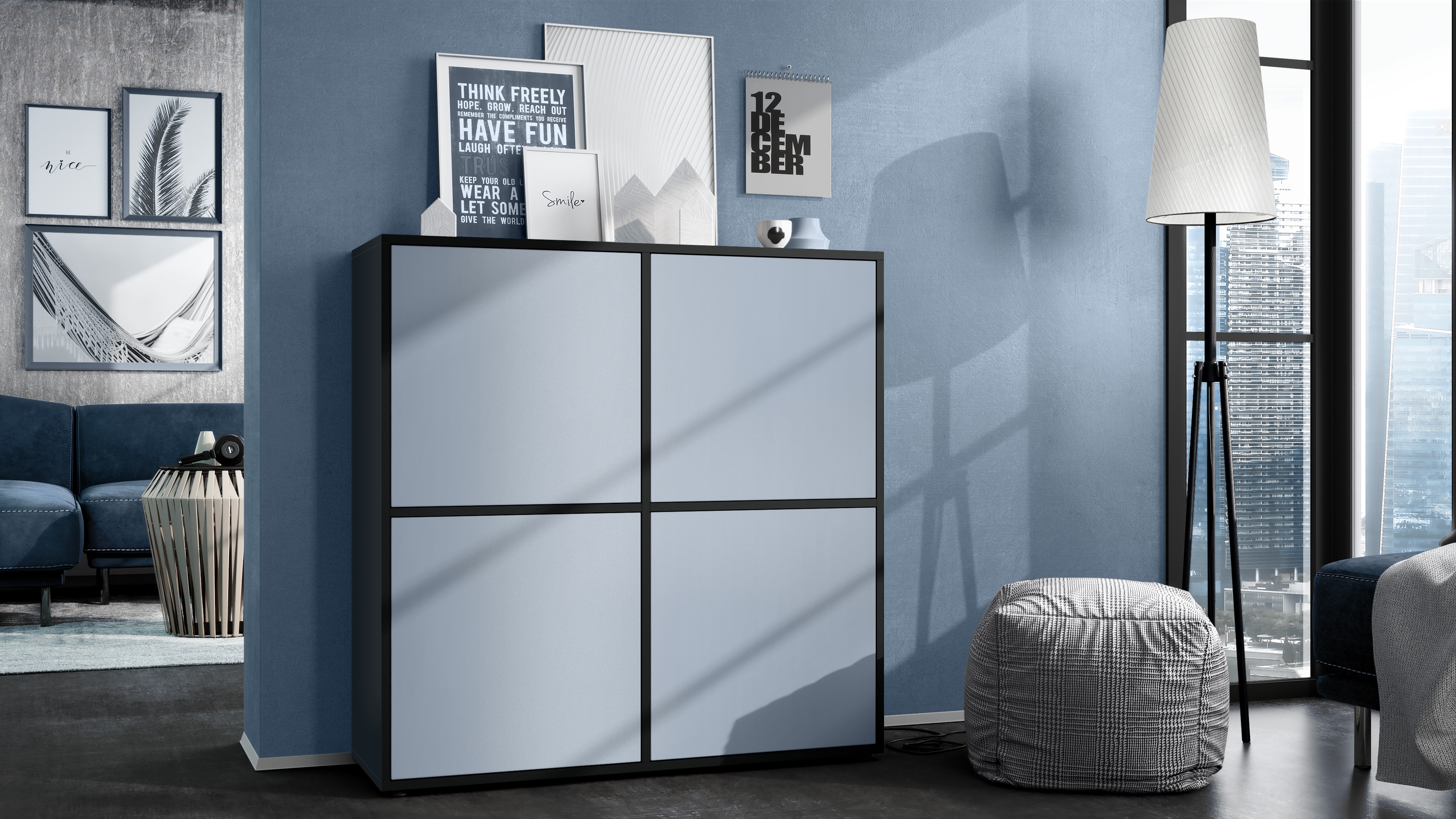 Highboard Cuba V2 Sideboard mit 4 Push-to-Open Türen, Made in Germany Schwarz matt / Denim matt (104 x 105,5 x 35,5 cm)