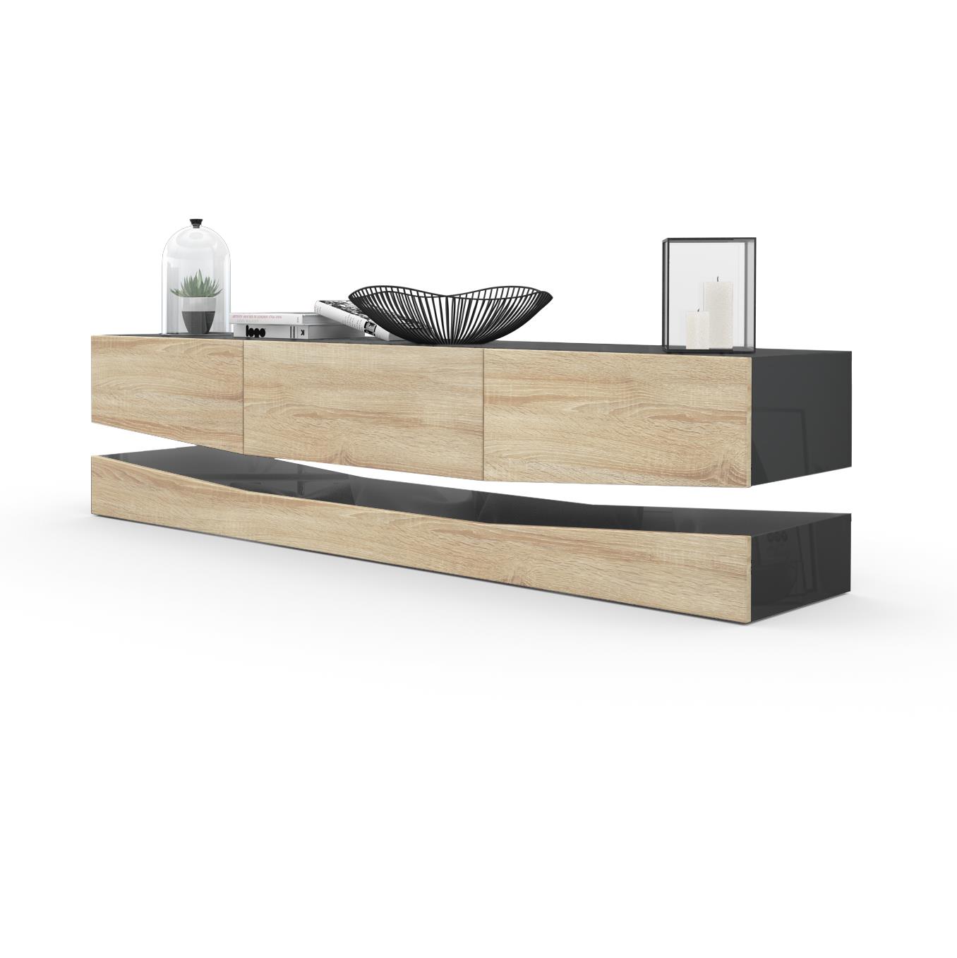 Lowboard City 1 offenem Fach und 3 Schubkästen Schwarz Hochglanz/Eiche Sägerau (178 x variabel x 39 cm)
