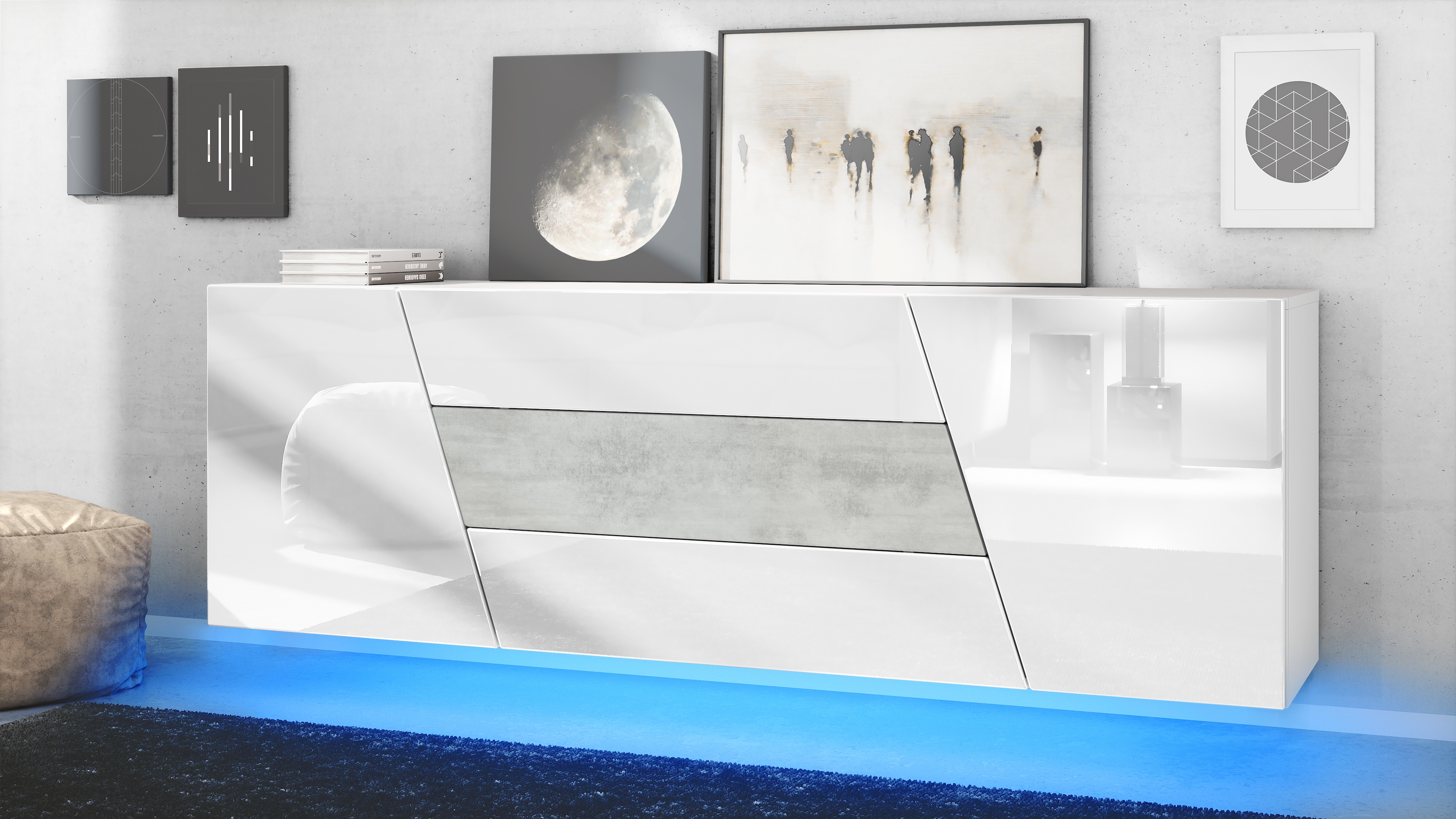 Houston Sideboard hängend mit 2 Türen und 3 Schubladen inkl. LED-Beleuchtung Weiß matt/Weiß Hochglanz/Beton Oxid Optik (178 x 57,5 x 38,5 cm)