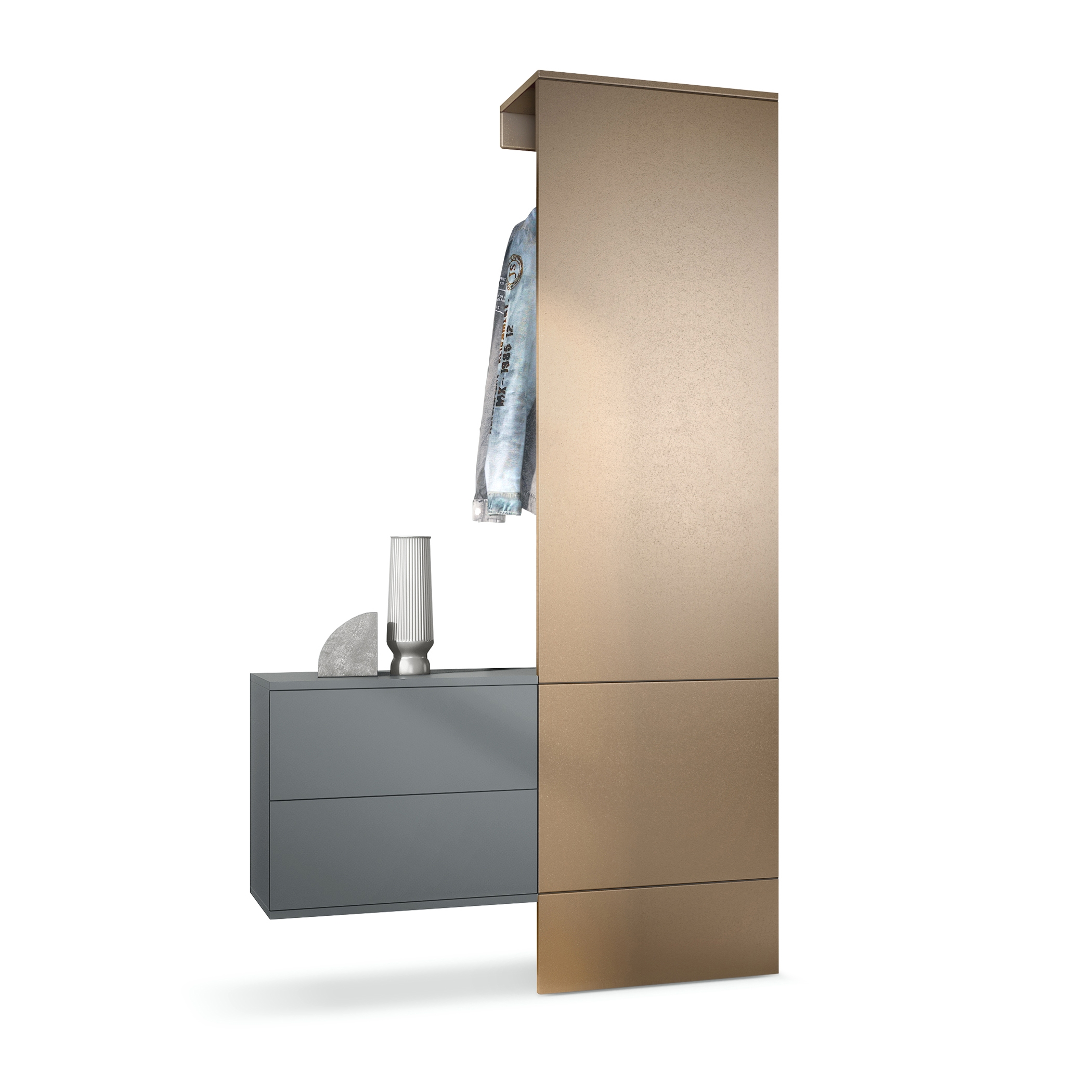 Garderobe Carlton Set 2 Anthrazit 3-tlg. 1 Paneel und 1 Schubkastenschrank Anthrazit matt/Bronze Optik (105 x 193 x 35 cm)