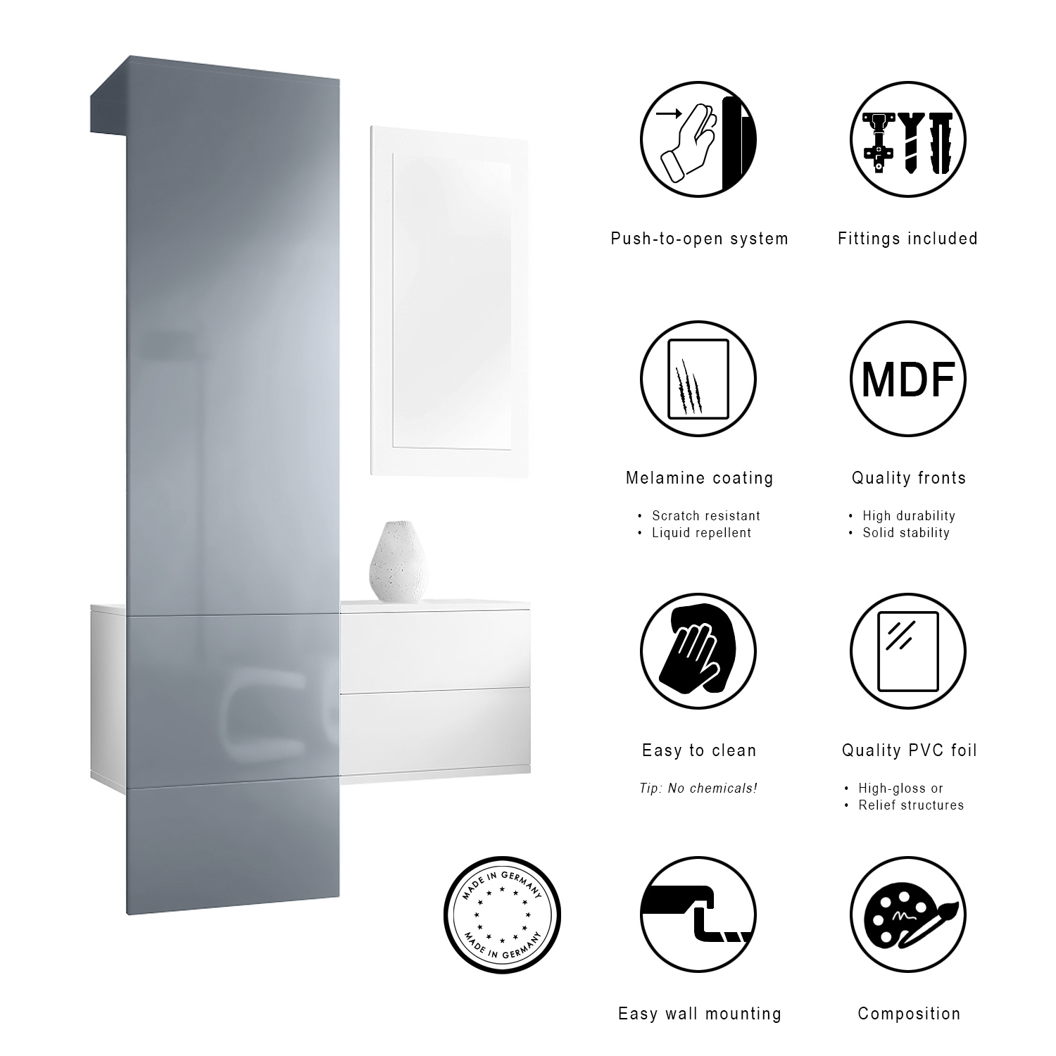 Garderobe Carlton Set 2 Weiß 3-tlg. ​ 1 Paneel, 1 Schubkastenschrank und 1 Wandspiegel Weiß matt/Beton Oxid Optik (105 x 193 x 35 cm)