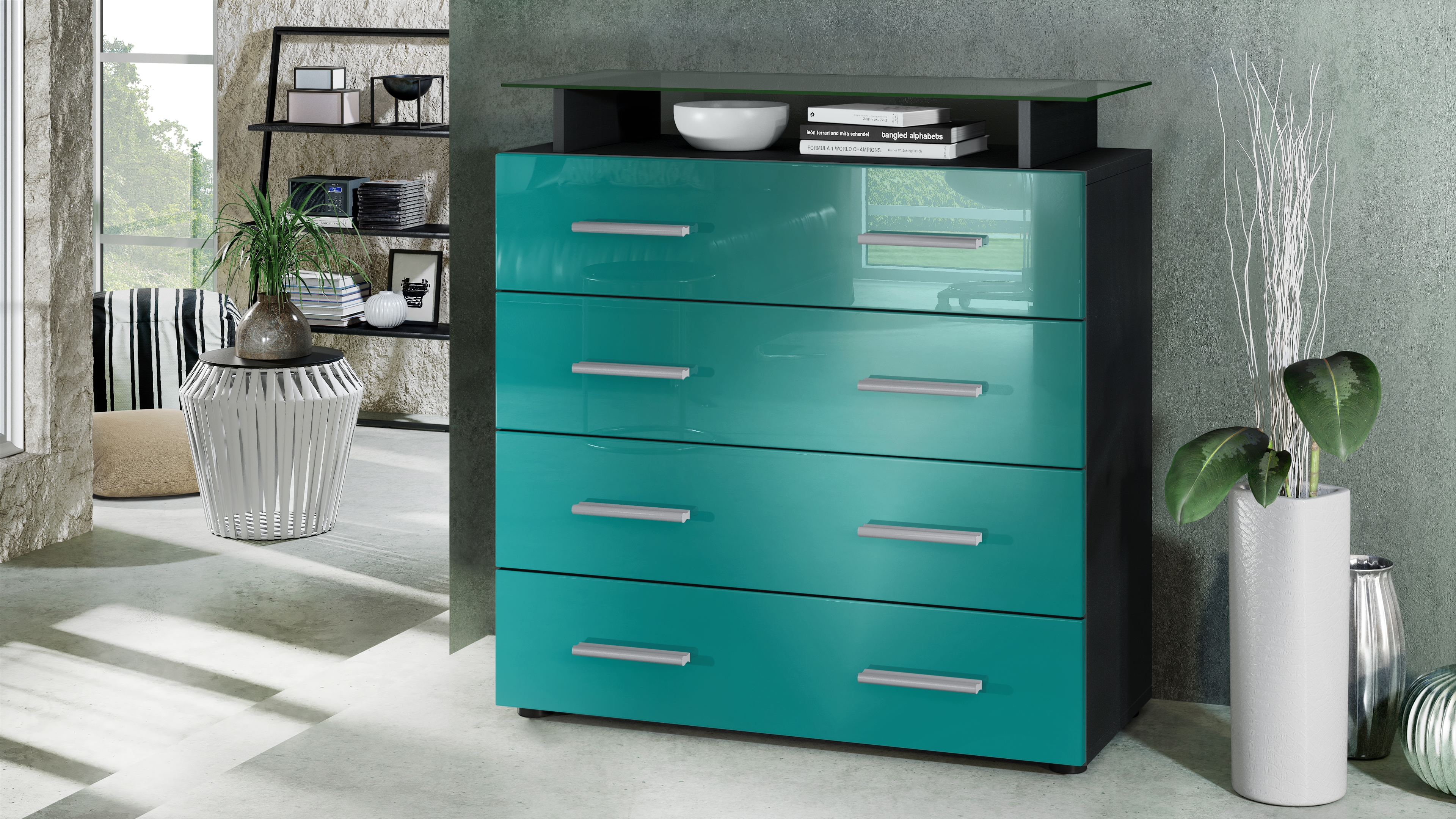 Kommode Pavos V2 mit 4 Schubladen und Glasablage Schwarz matt/Petrol Hochglanz (76 x 81 x 35 cm)