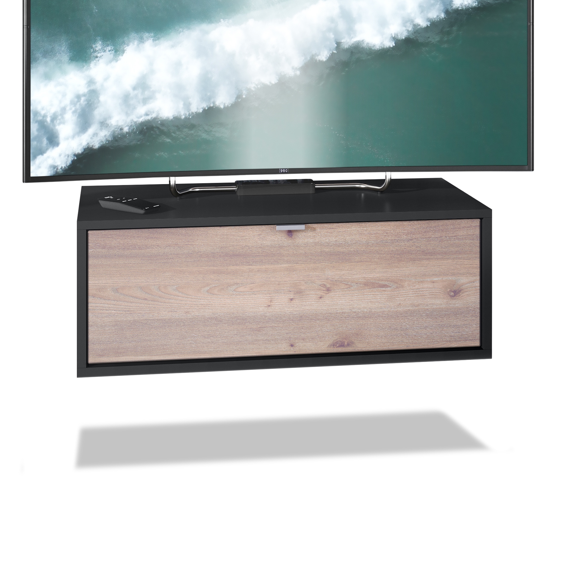Lowboard Lana 800 mit Klappe Schwarz matt/Eiche Nordic (80 x 29 x 37 cm)