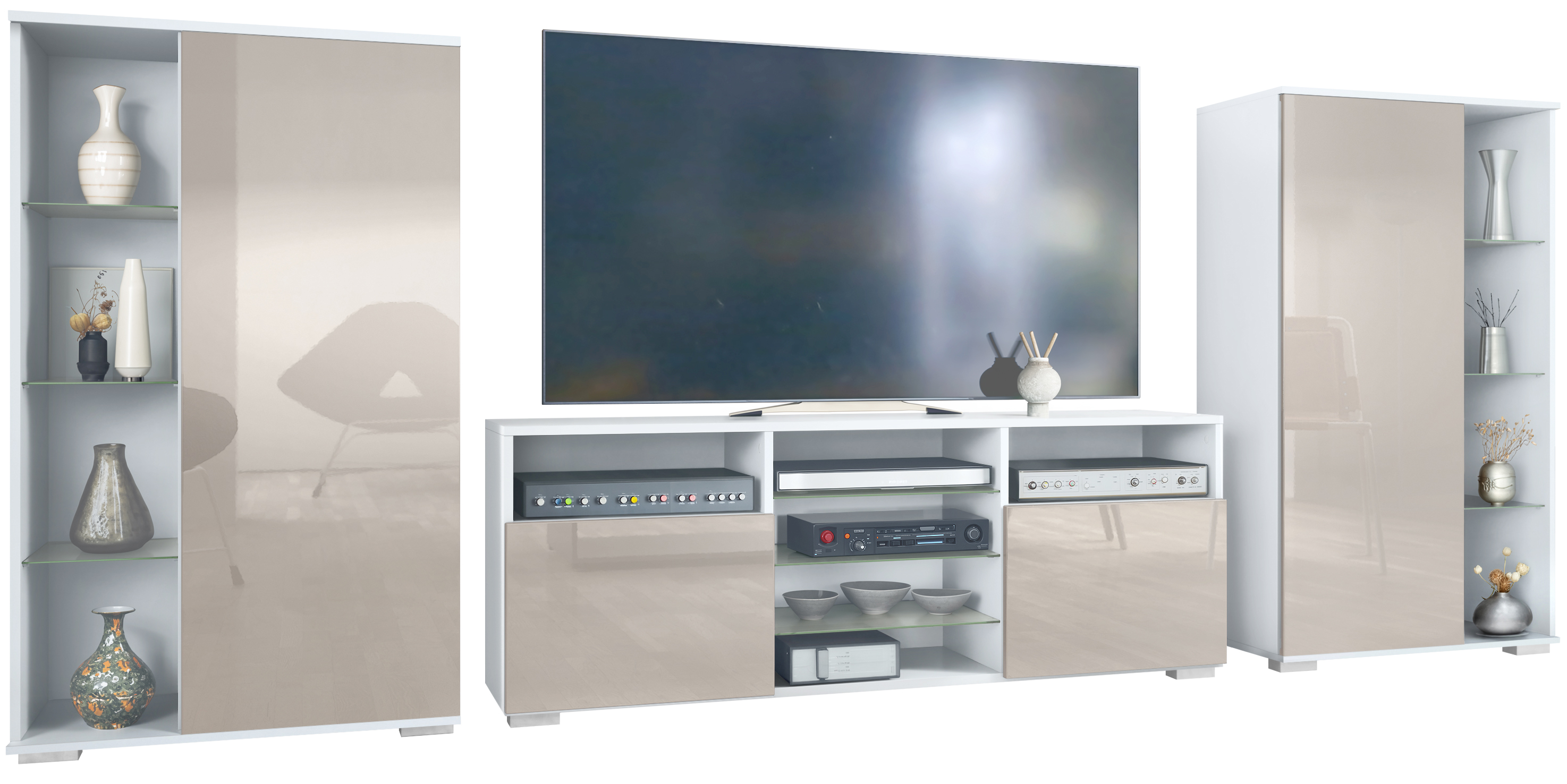 Wohnwand 3-tlg. Davos Weiß bestehend aus 2 Vitrinen und 1 TV-Board Weiß matt/Sandgrau Hochglanz (329 x 134 x 35 cm)