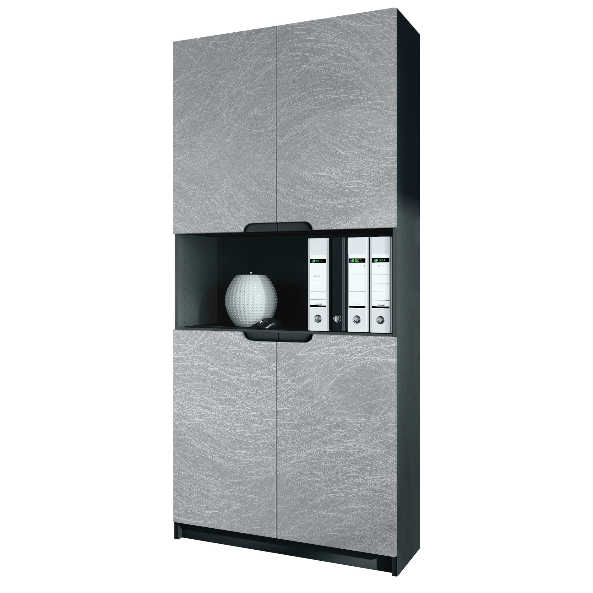 Büroschrank Logan V2 mit 5 Fächern und 4 Türen Schwarz matt/Scratchy Metal (82 x 185 x 37 cm)